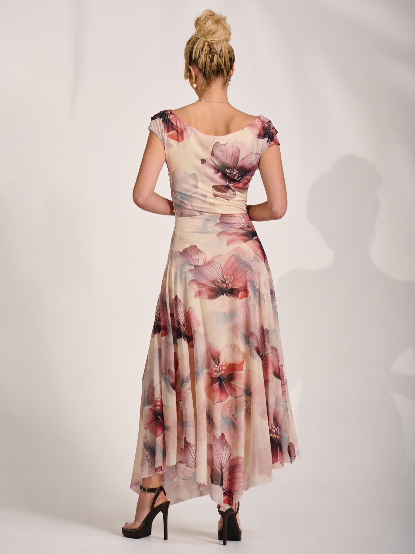 Image 2 of 7 of Jolie Moi Asymmetrical Draped Mesh Maxi Dress - Pink