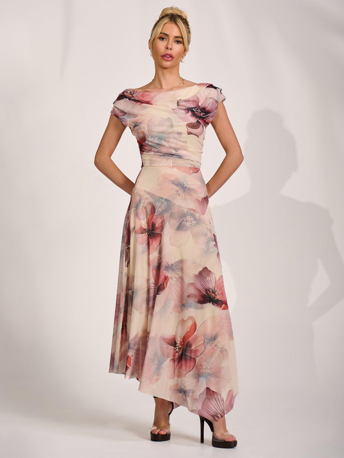 Image 3 of 7 of Jolie Moi Asymmetrical Draped Mesh Maxi Dress - Pink