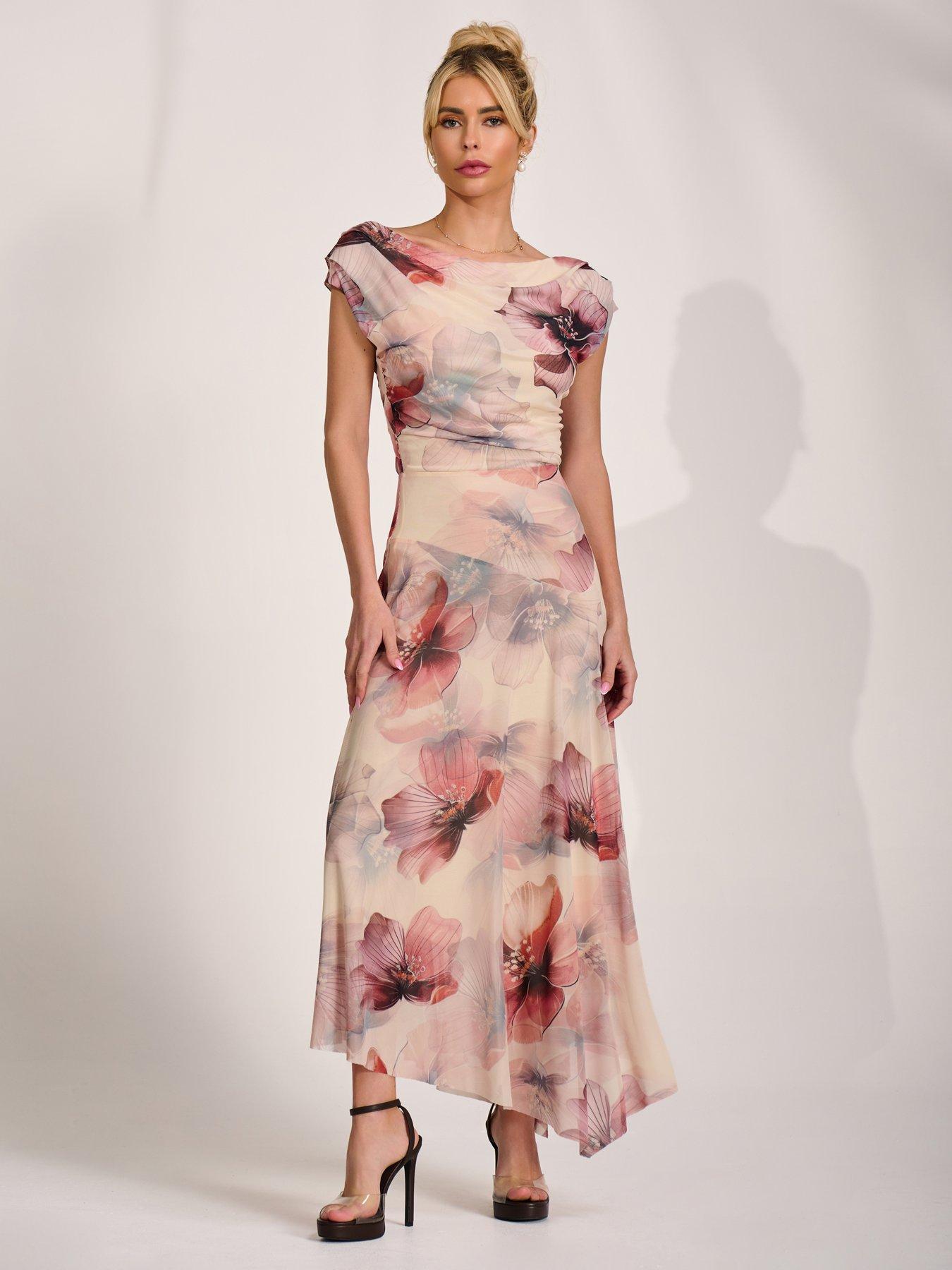 Image 5 of 7 of Jolie Moi Asymmetrical Draped Mesh Maxi Dress - Pink
