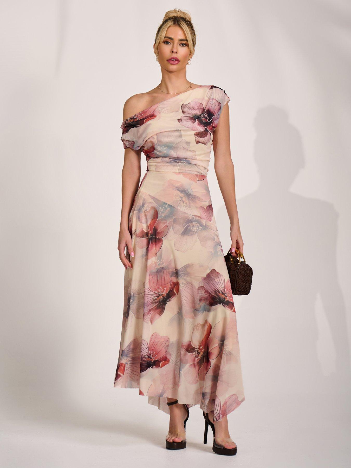 Image 6 of 7 of Jolie Moi Asymmetrical Draped Mesh Maxi Dress - Pink