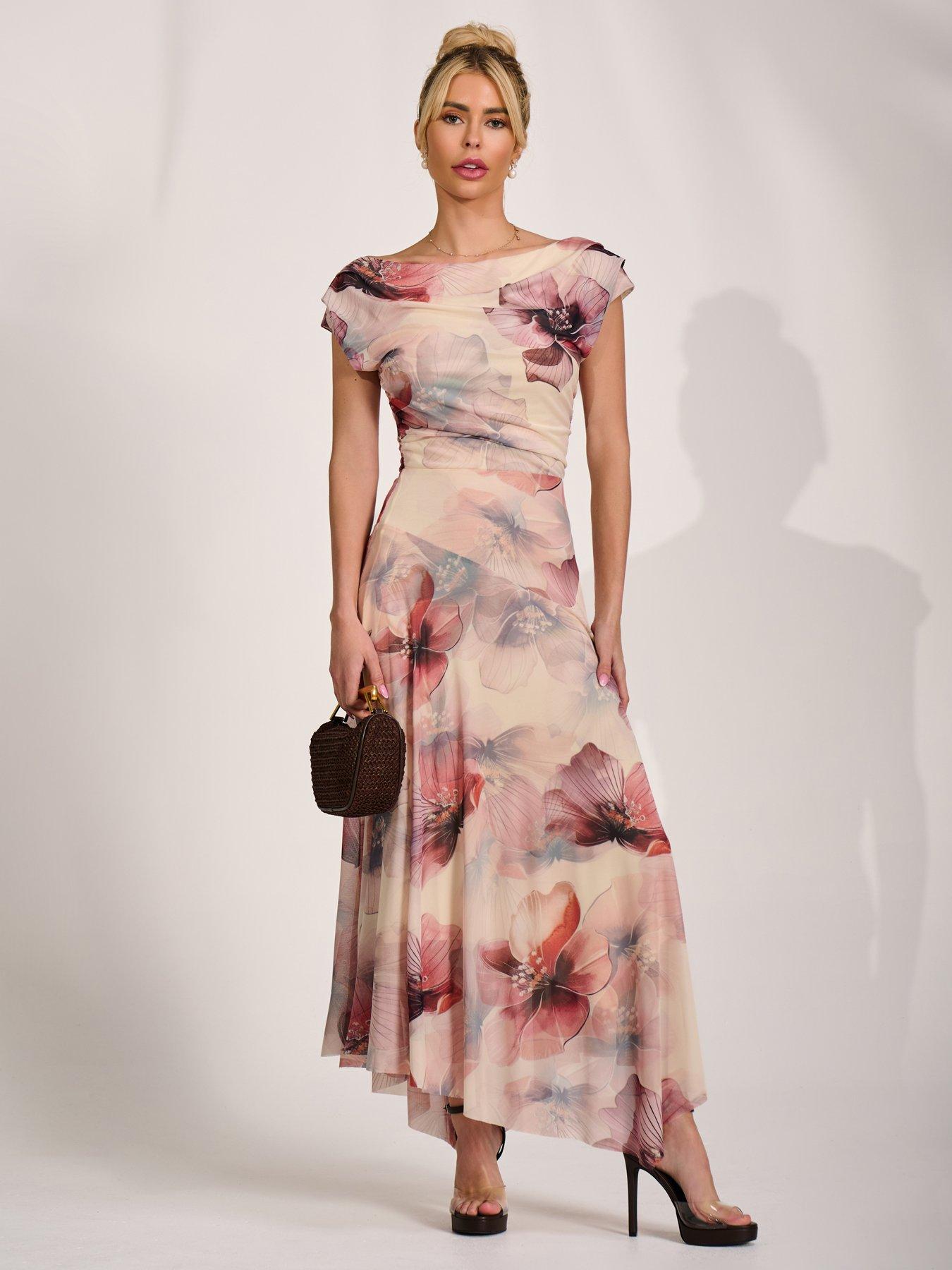 Image 7 of 7 of Jolie Moi Asymmetrical Draped Mesh Maxi Dress - Pink