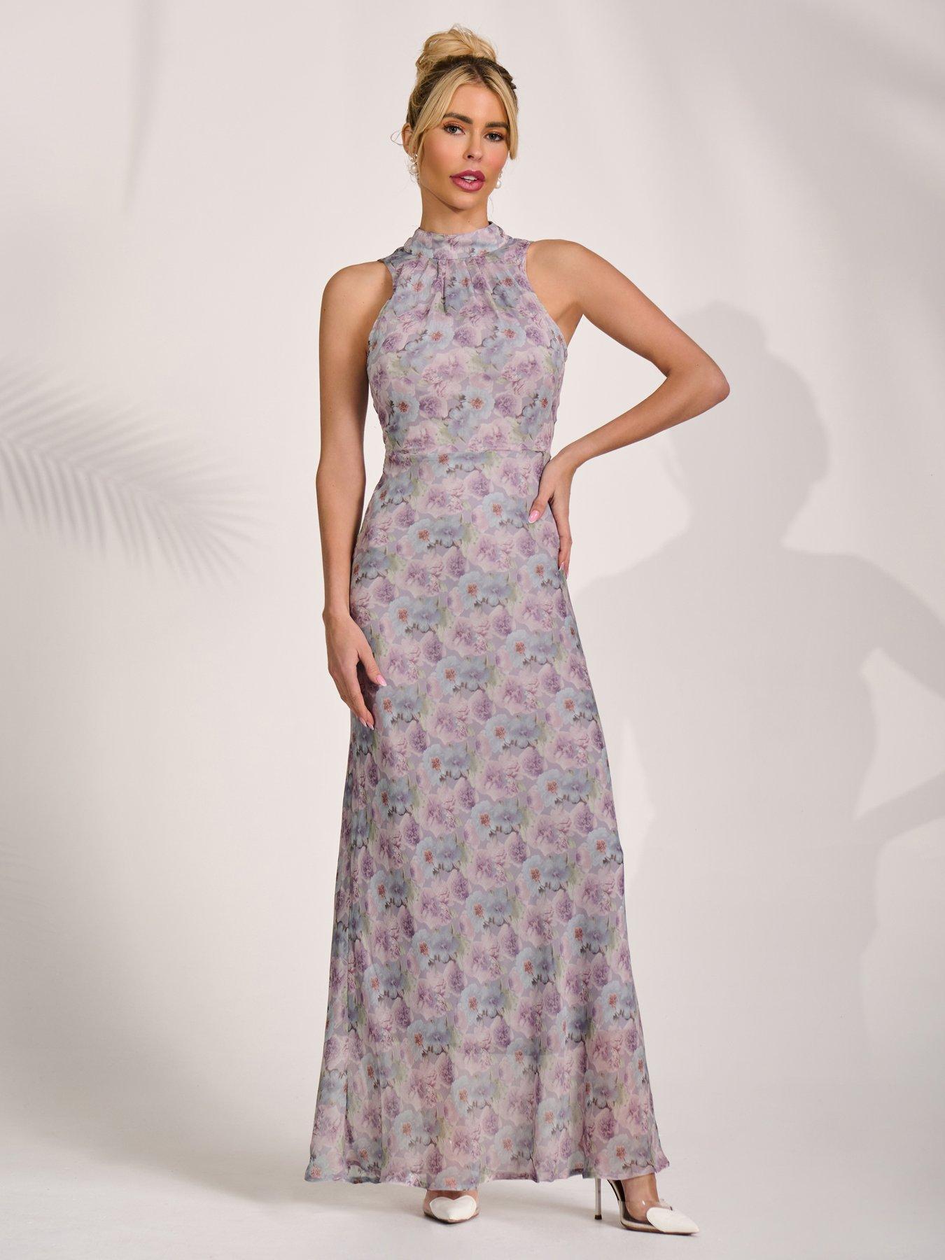 Jolie Moi Chiffon Halter Neck Maxi Dress - Purple