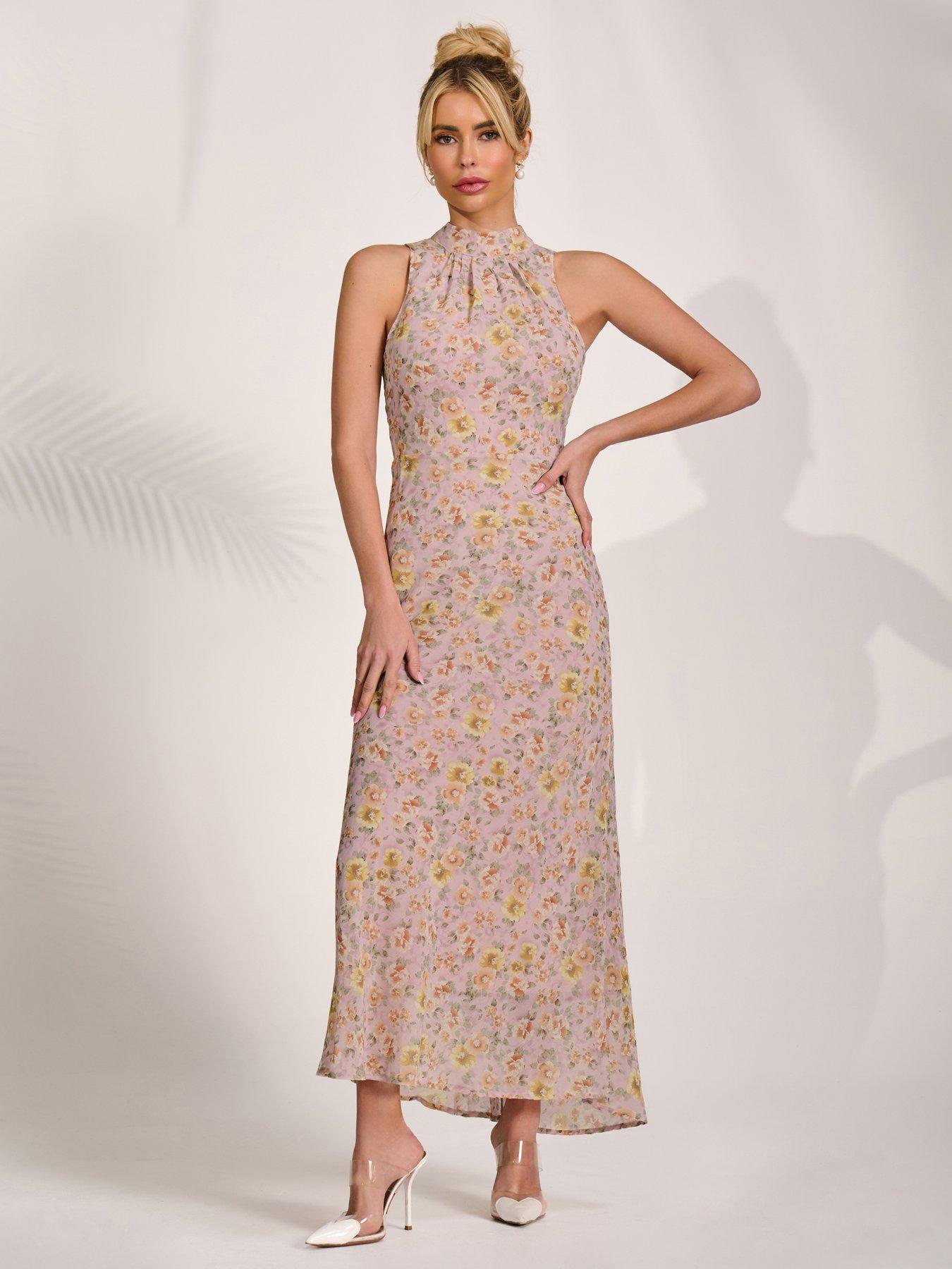 Jolie Moi Sleeveless Chiffon Halterneck Midaxi Dress - Pink