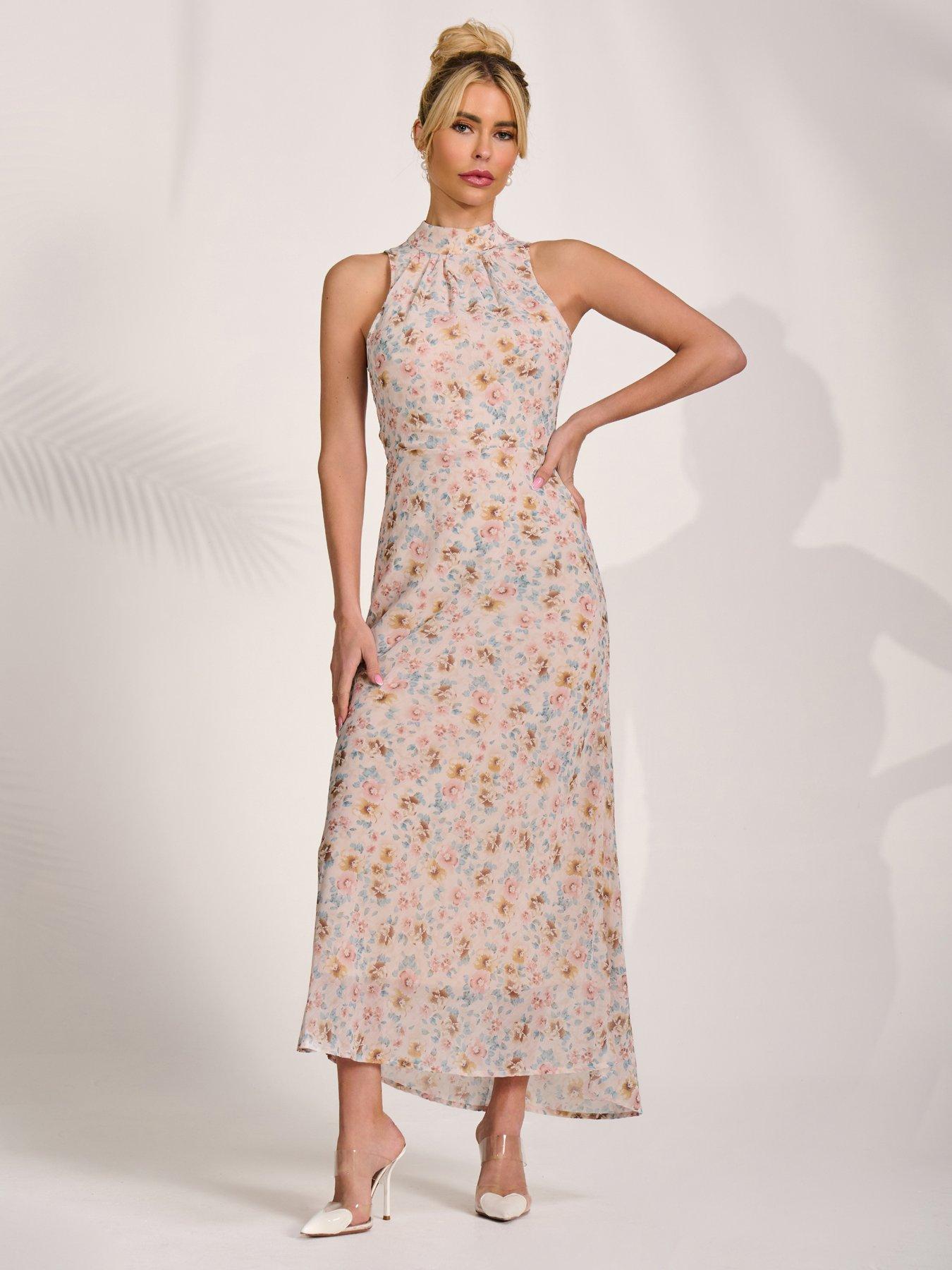 Image 1 of 7 of Jolie Moi Sleeveless Chiffon Halterneck Midaxi Dress - Pink