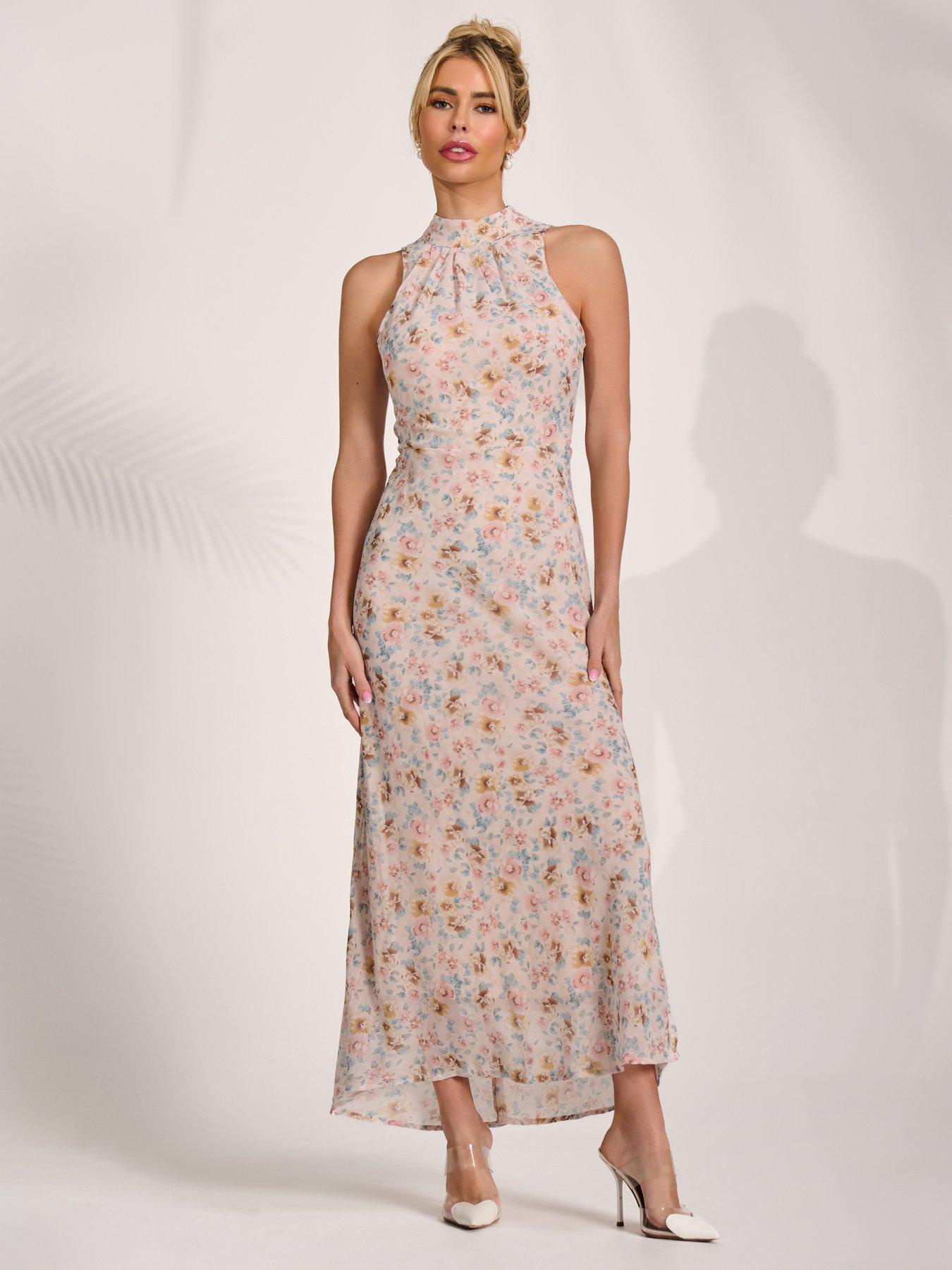 Image 3 of 7 of Jolie Moi Sleeveless Chiffon Halterneck Midaxi Dress - Pink