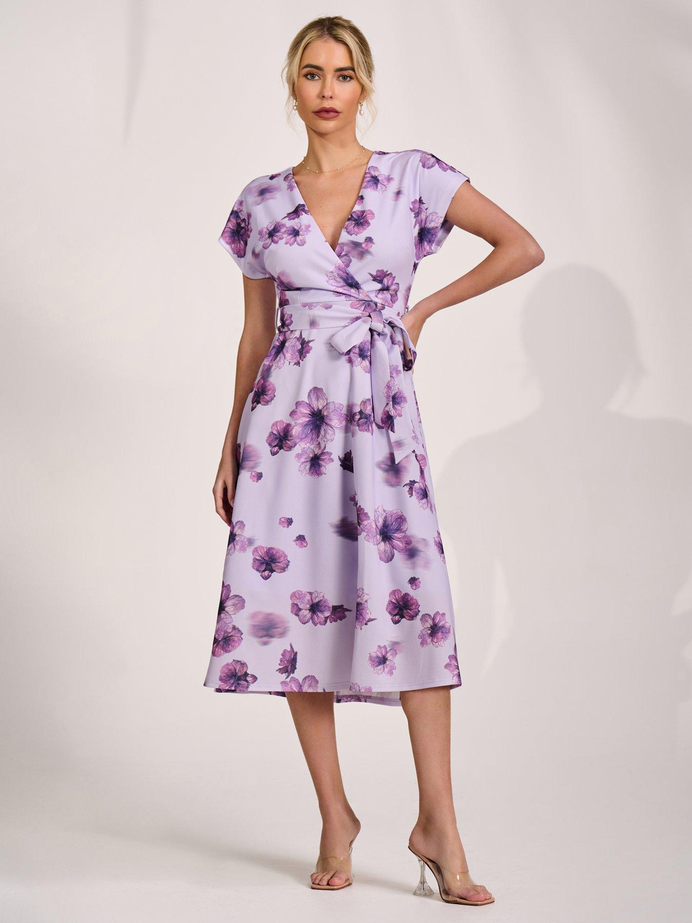 Jolie Moi Kimono Sleeve Print Scuba Midi Dress - Purple