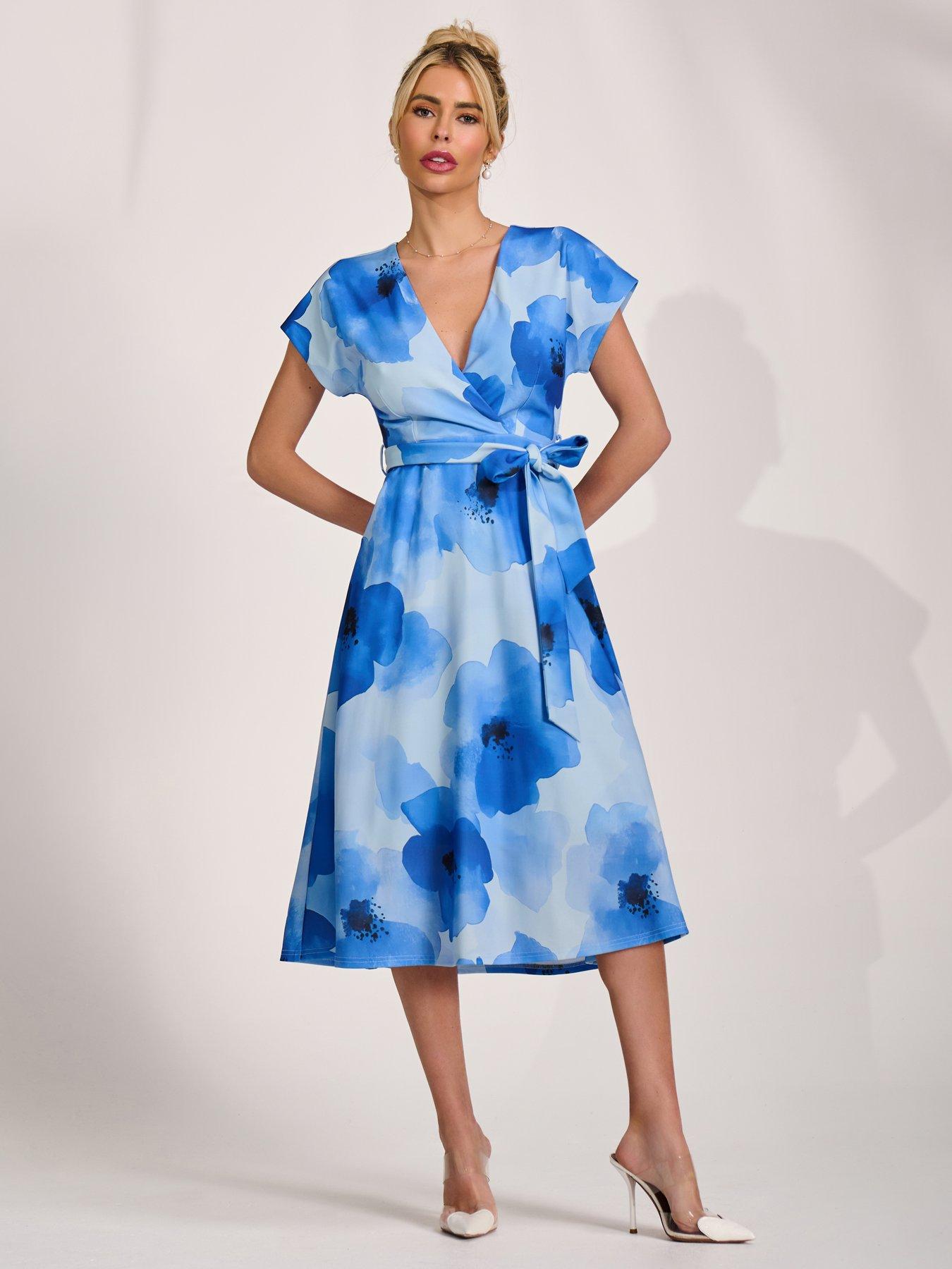 Jolie Moi Kimono Sleeve Print Scuba Midi Dress - Blue