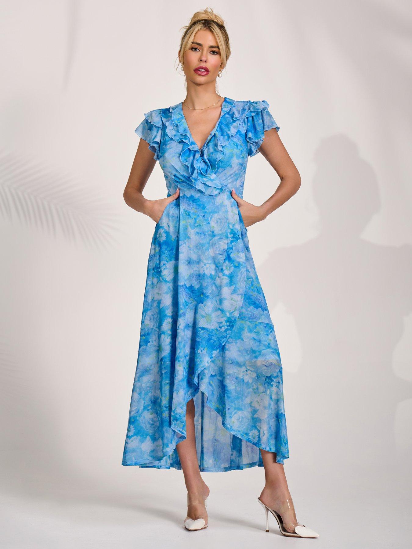 Image 1 of 7 of Jolie Moi Ruffled Mesh Maxi Dress - Blue