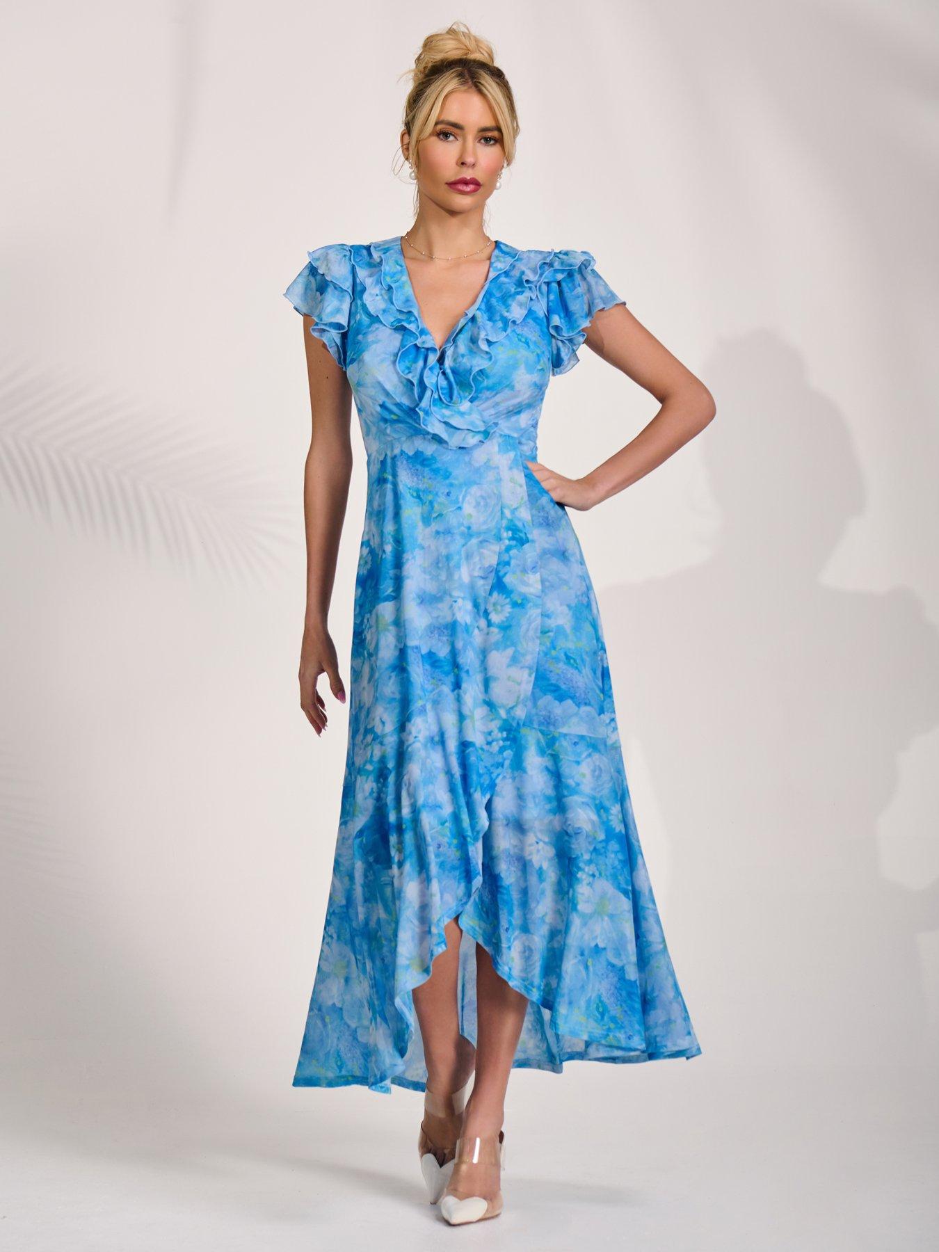 Image 7 of 7 of Jolie Moi Ruffled Mesh Maxi Dress - Blue