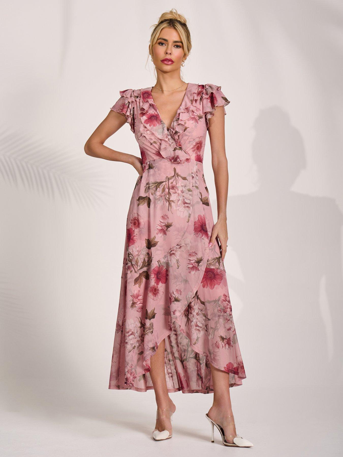 Image 1 of 7 of Jolie Moi Ruffled Mesh Maxi Dress - Pink