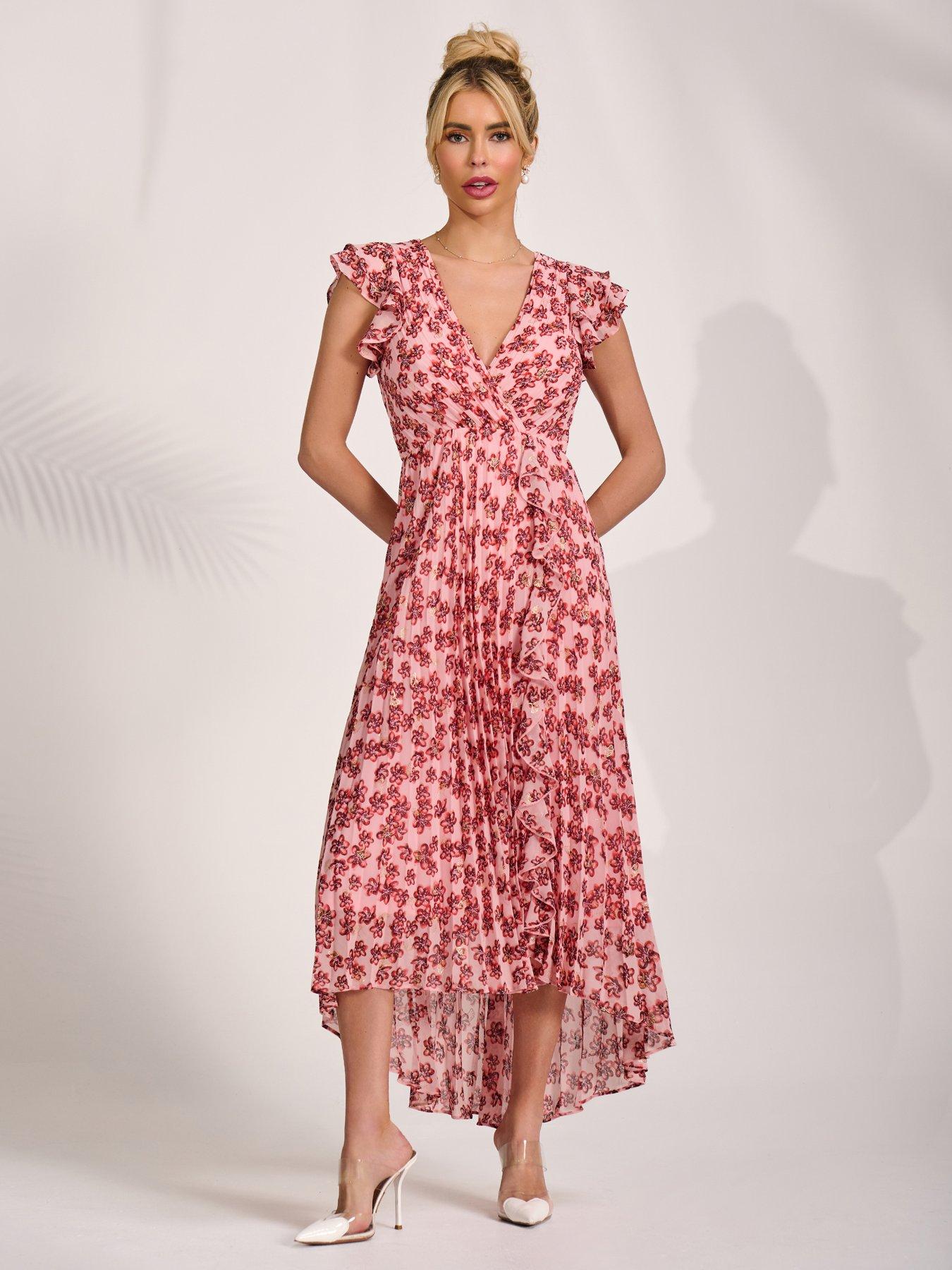 Jolie Moi Pleated Chiffon Dip Hem Maxi Dress - Pink