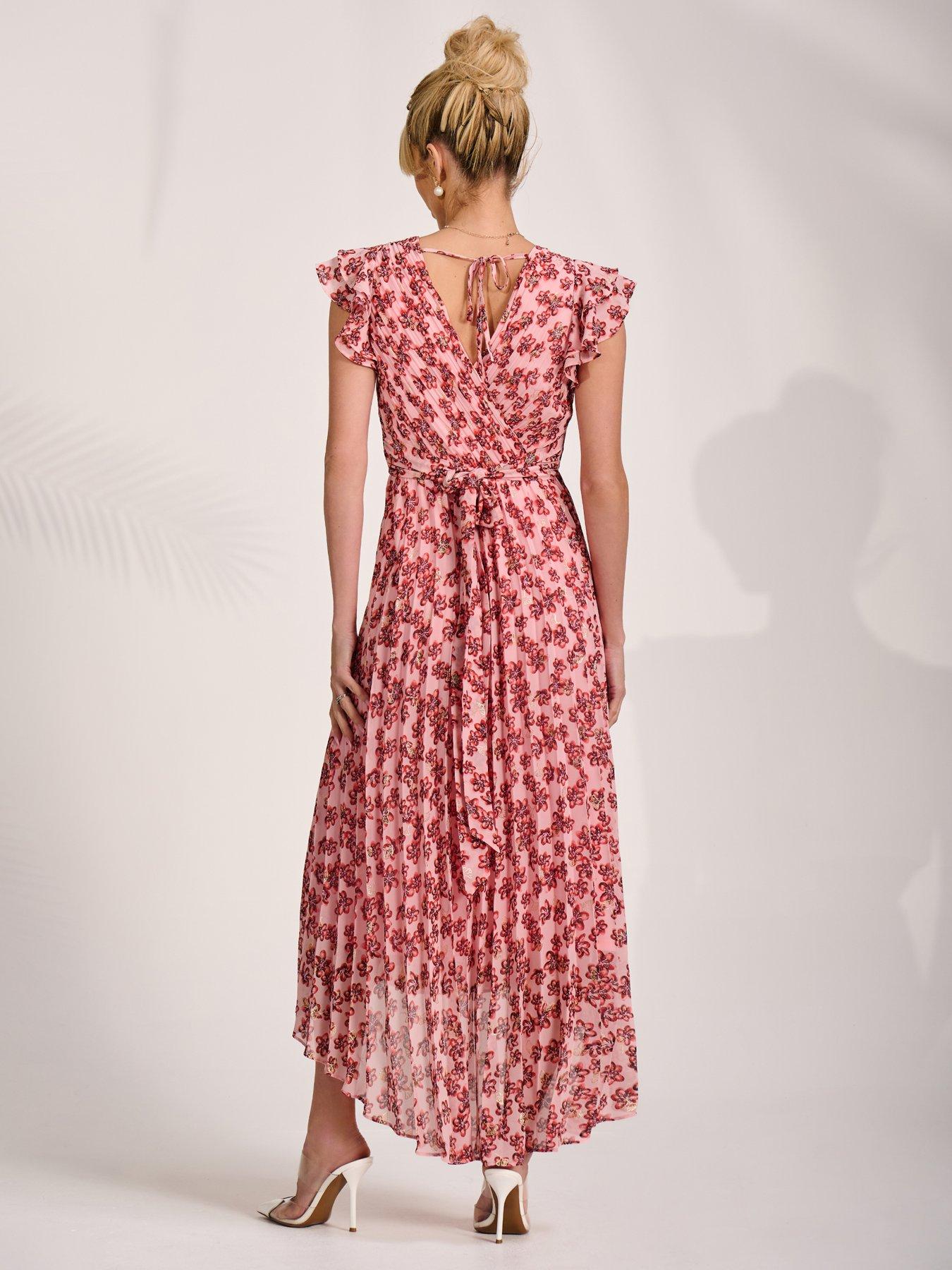 Image 2 of 7 of Jolie Moi Pleated Chiffon Dip Hem Maxi Dress - Pink
