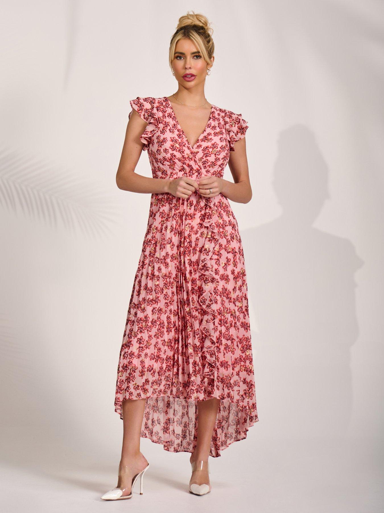 Image 3 of 7 of Jolie Moi Pleated Chiffon Dip Hem Maxi Dress - Pink