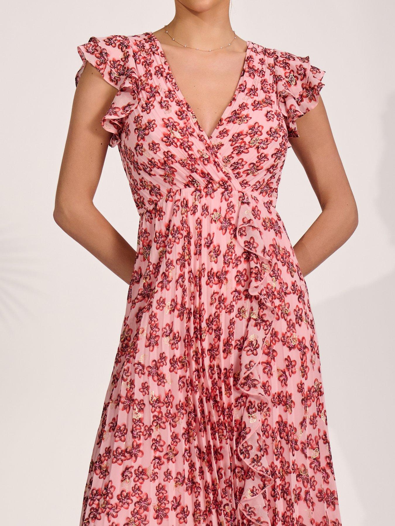 Image 4 of 7 of Jolie Moi Pleated Chiffon Dip Hem Maxi Dress - Pink