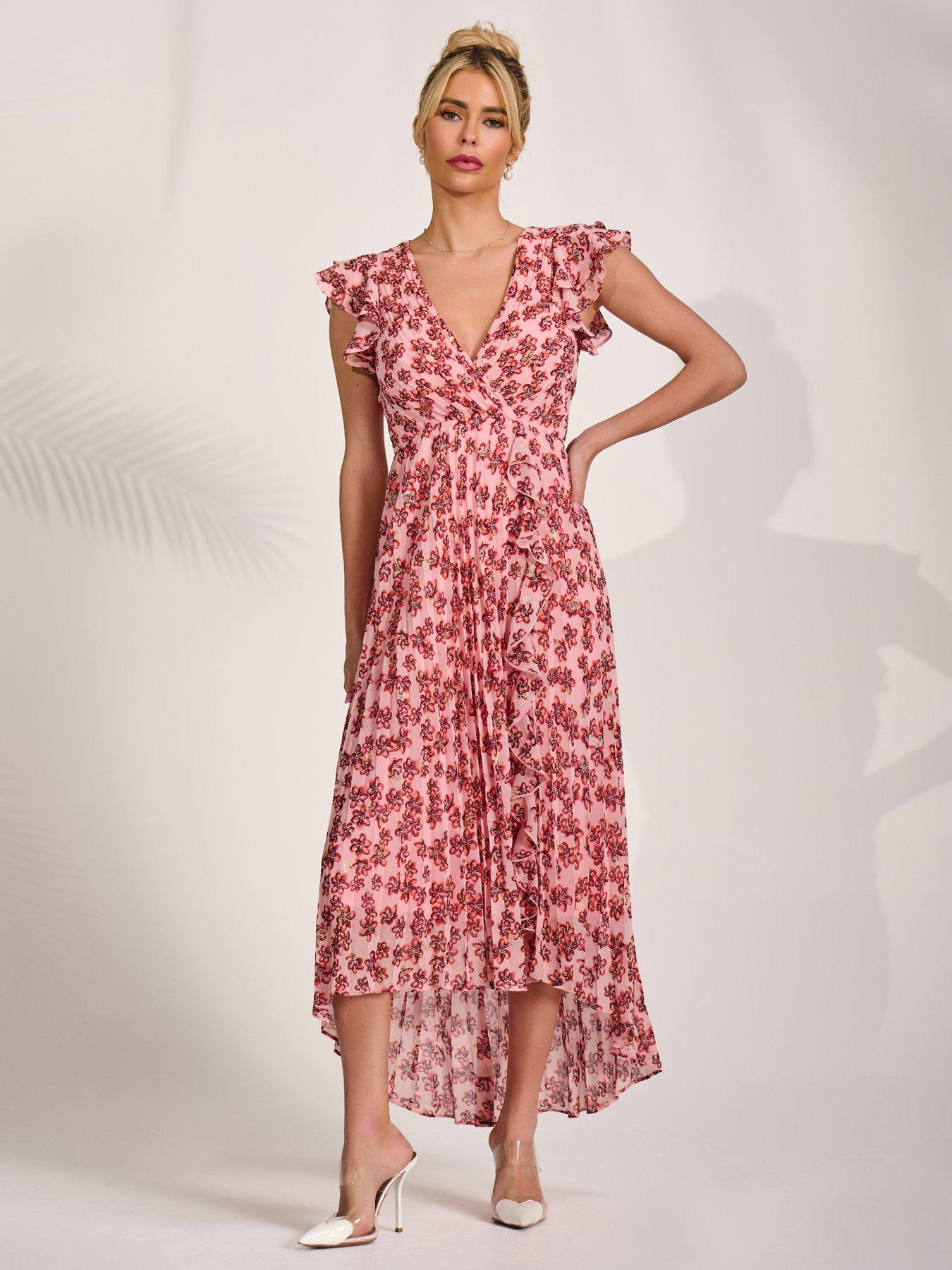 Image 5 of 7 of Jolie Moi Pleated Chiffon Dip Hem Maxi Dress - Pink