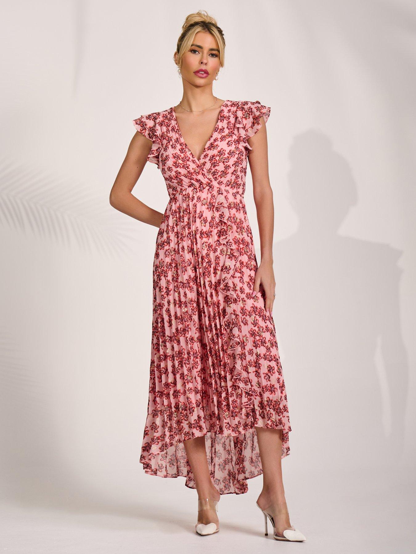 Image 6 of 7 of Jolie Moi Pleated Chiffon Dip Hem Maxi Dress - Pink