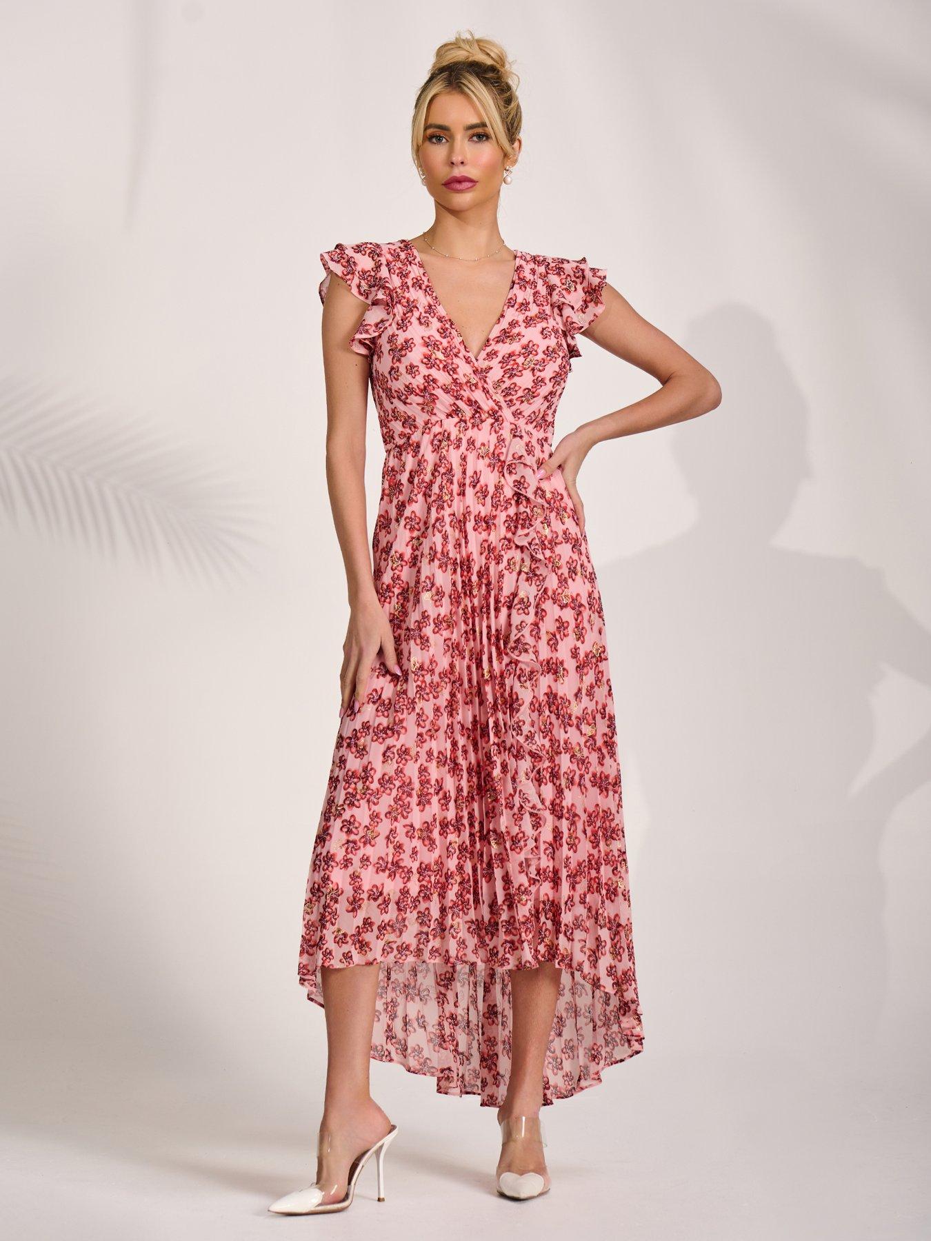 Image 7 of 7 of Jolie Moi Pleated Chiffon Dip Hem Maxi Dress - Pink