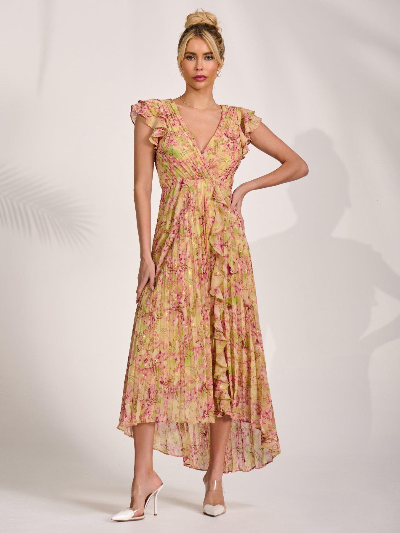 Jolie Moi Pleated Chiffon Dip Hem Maxi Dress - Yellow