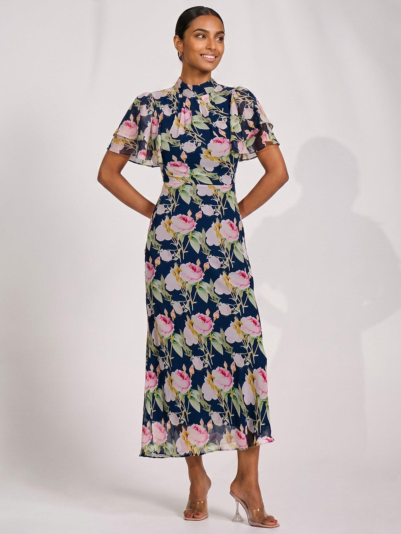 Jolie Moi High Neck Angel Sleeve Chiffon Maxi Dress - Navy