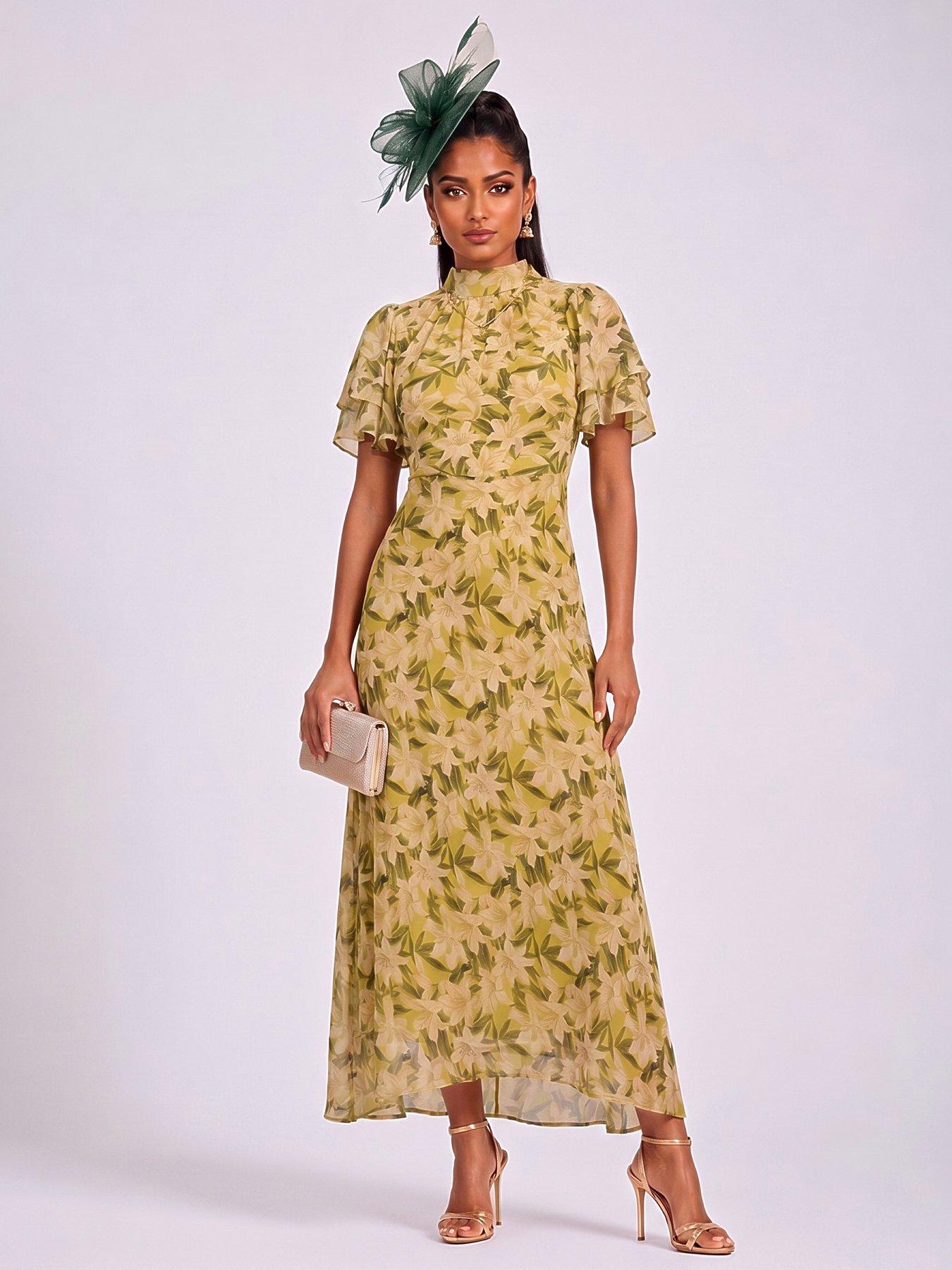 Jolie Moi High Neck Angel Sleeve Chiffon Maxi Dress - Yellow