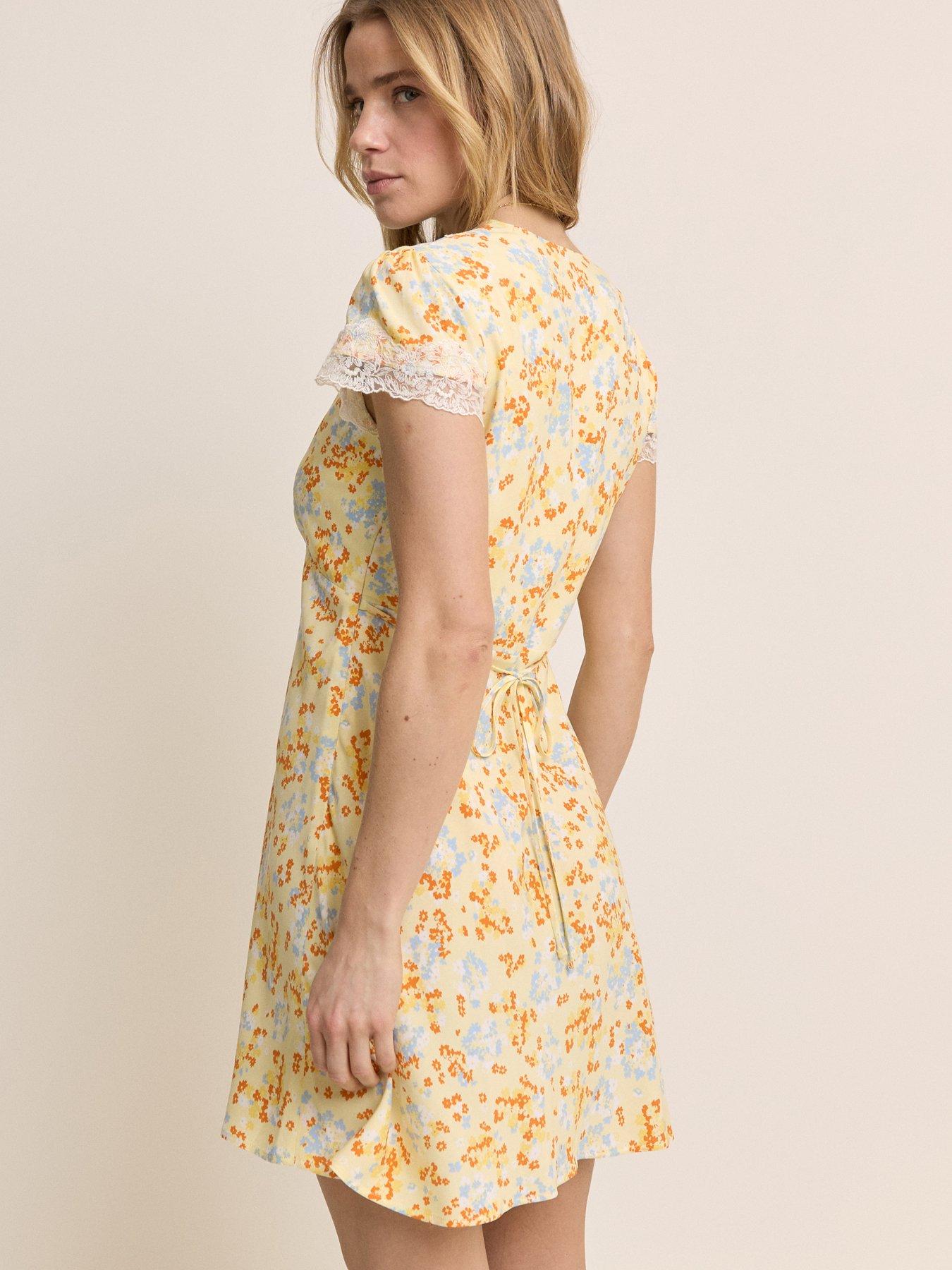 Image 2 of 5 of Nobodys Child Aida Short Sleeve Floral Lace Trim Mini Dress - Yellow