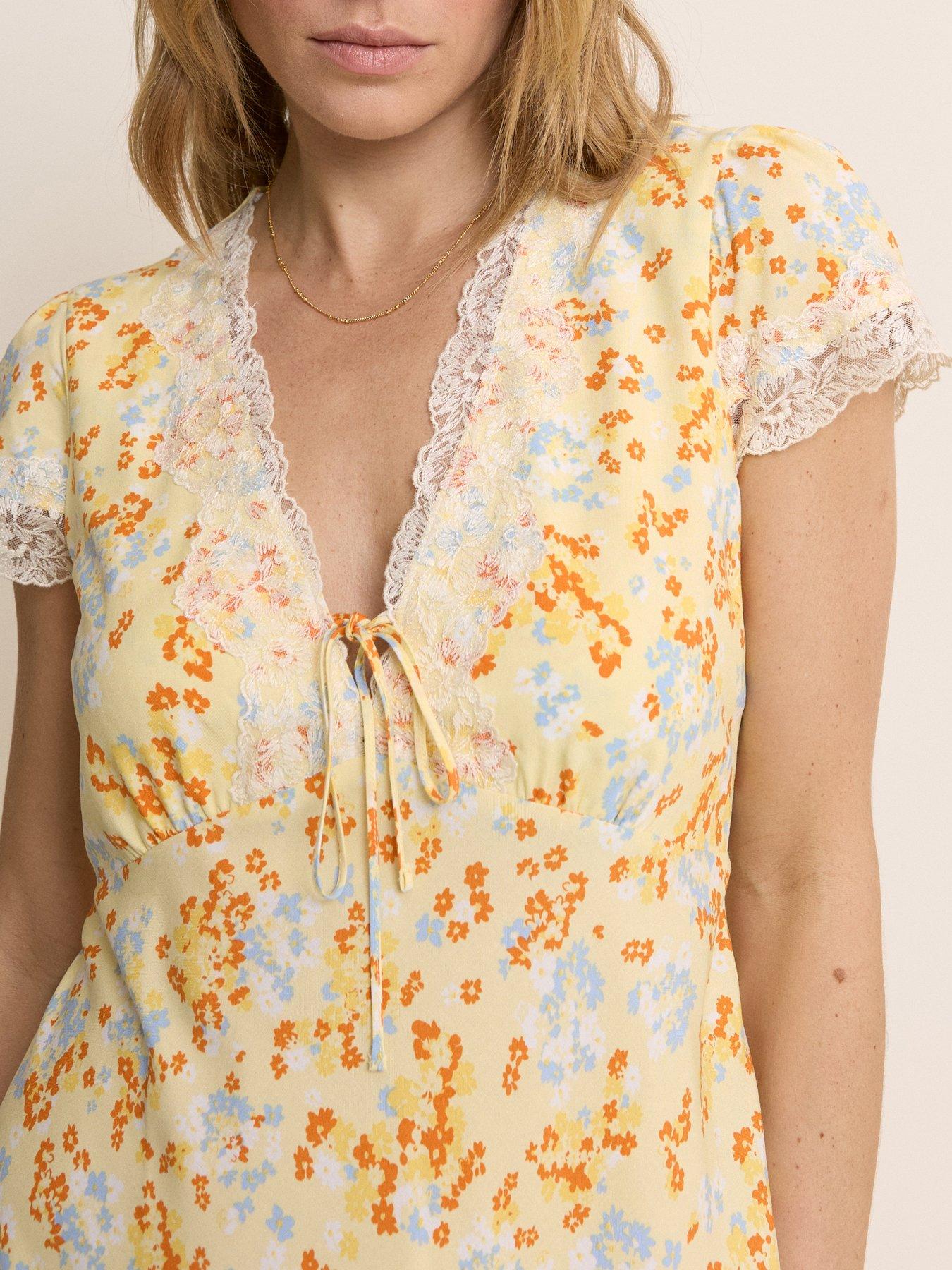 Image 5 of 5 of Nobodys Child Aida Short Sleeve Floral Lace Trim Mini Dress - Yellow