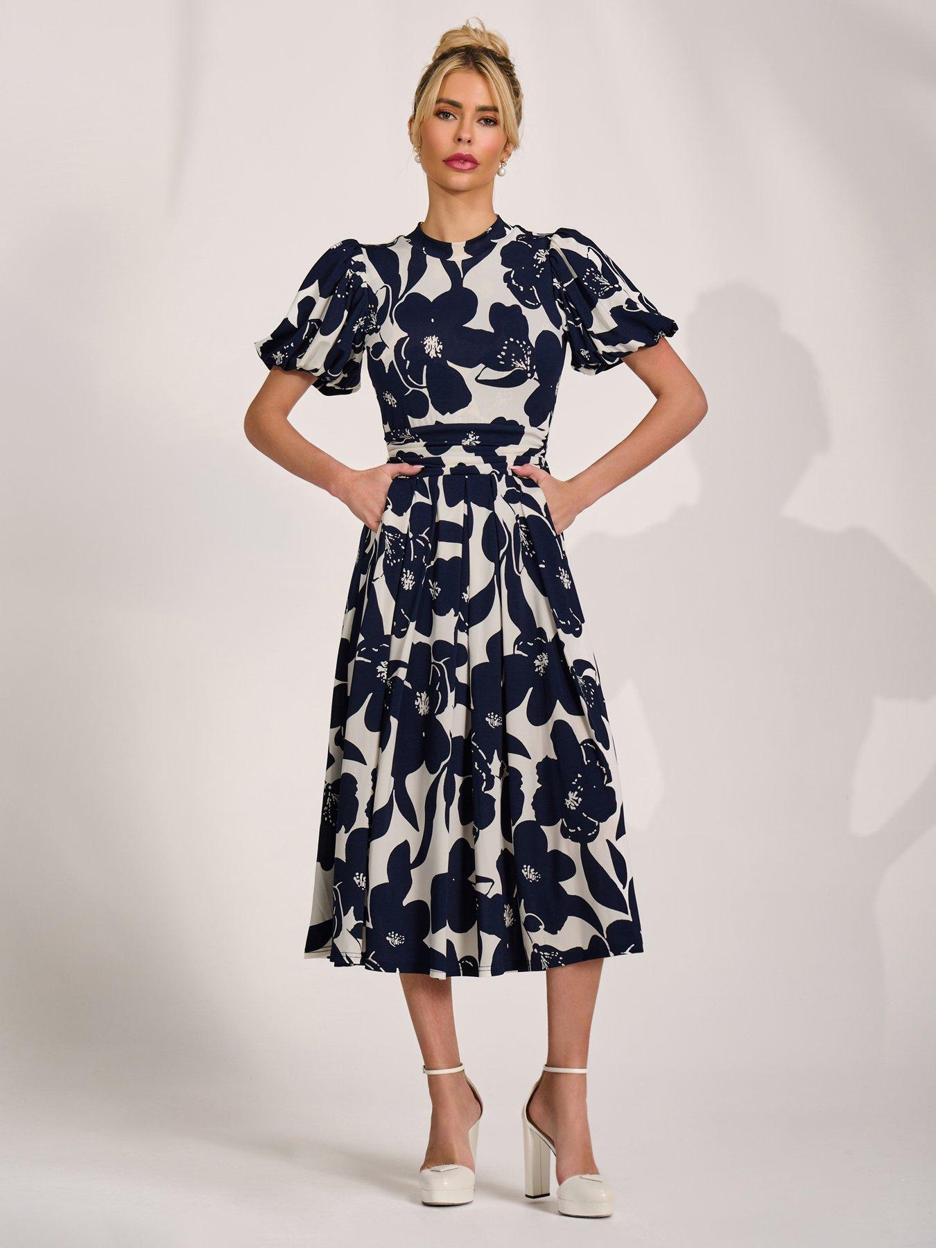 Jolie Moi Turtle Neck Puff Sleeve Jersey Midi Dress - Navy