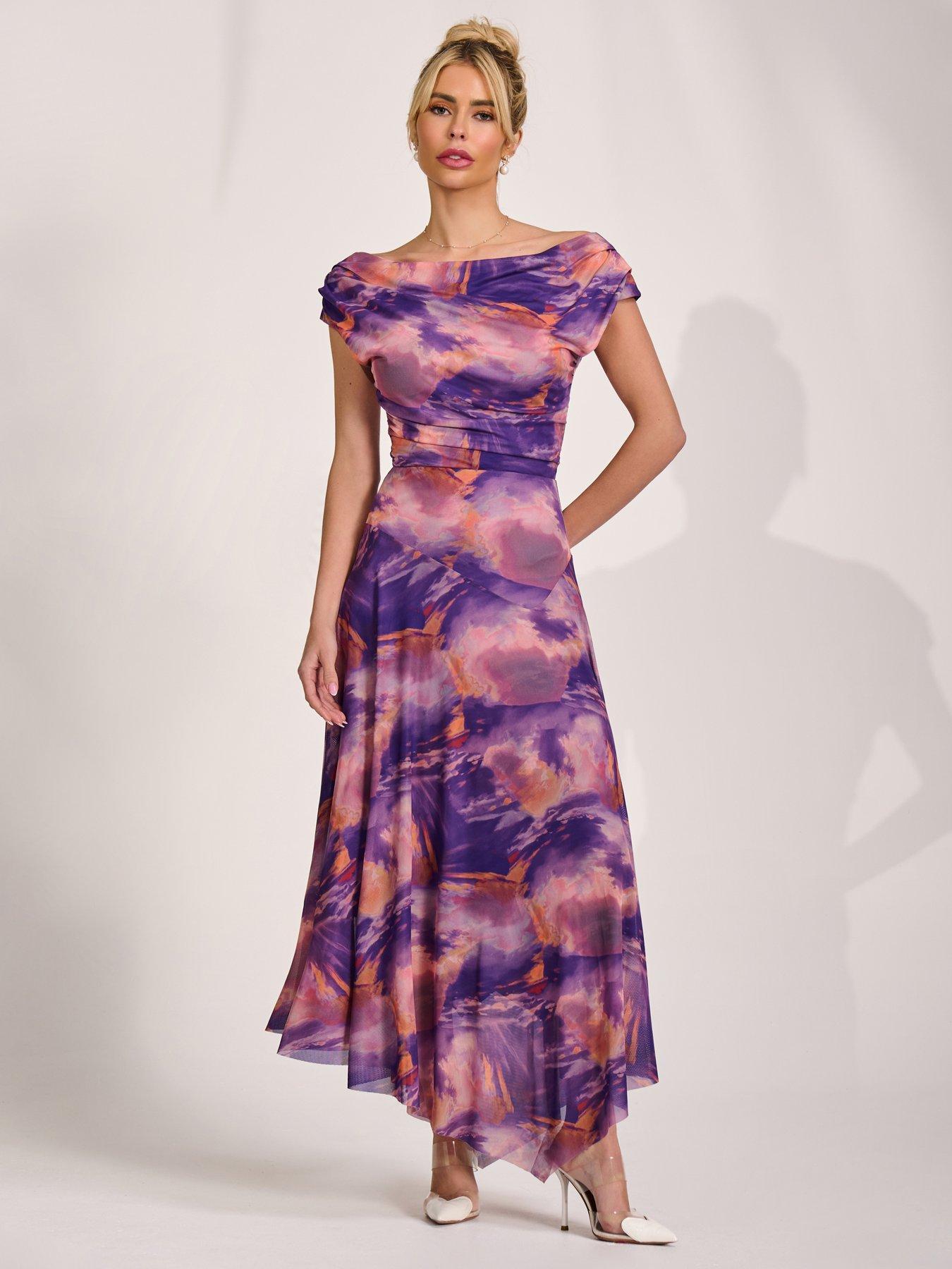 Jolie Moi Asymmetrical Draped Mesh Maxi Dress - Purple