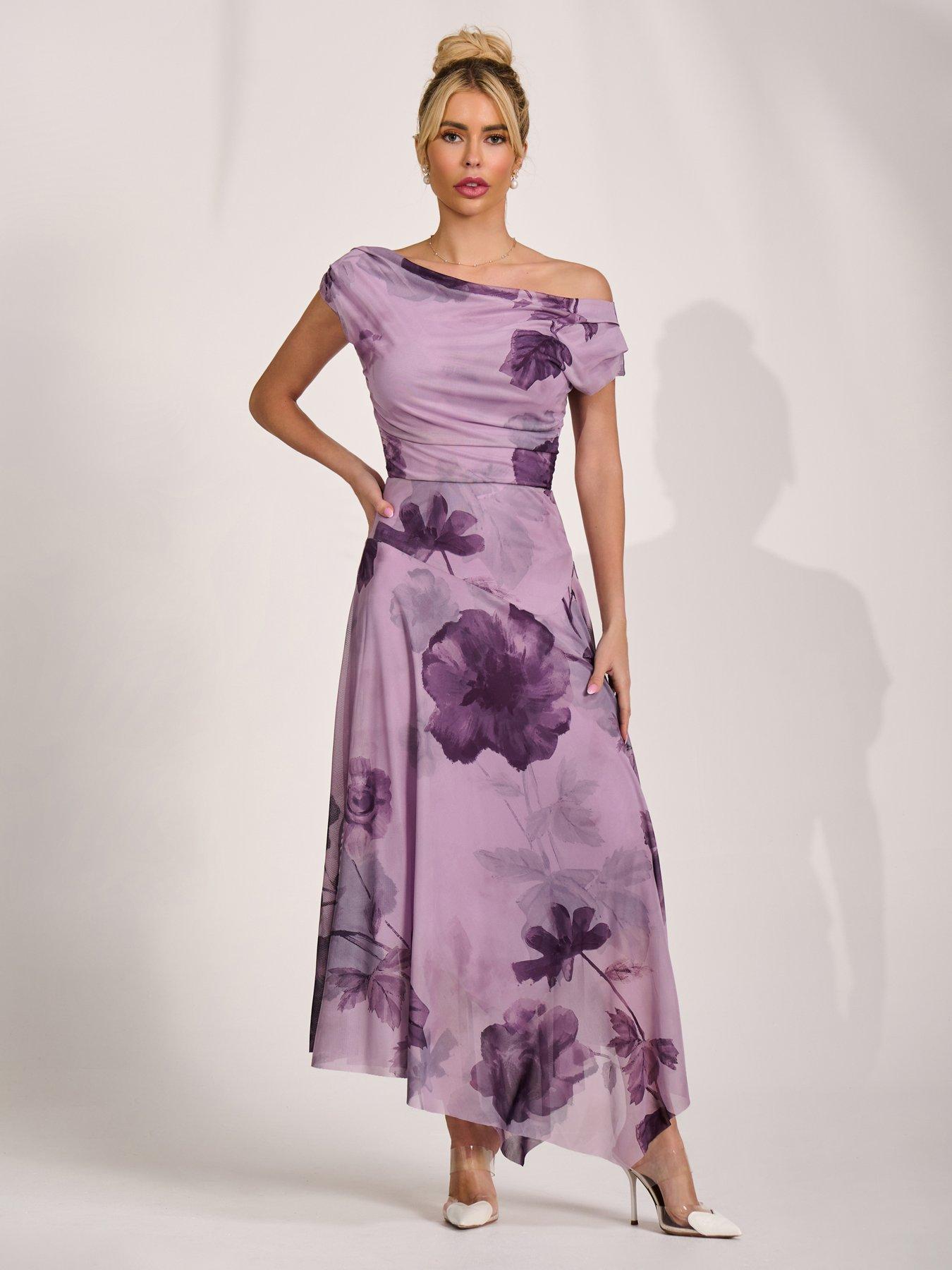 Jolie Moi Asymmetrical Draped Mesh Maxi Dress - Purple