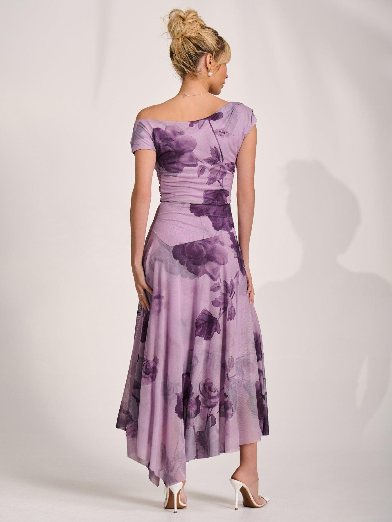 Image 2 of 7 of Jolie Moi Asymmetrical Draped Mesh Maxi Dress - Purple