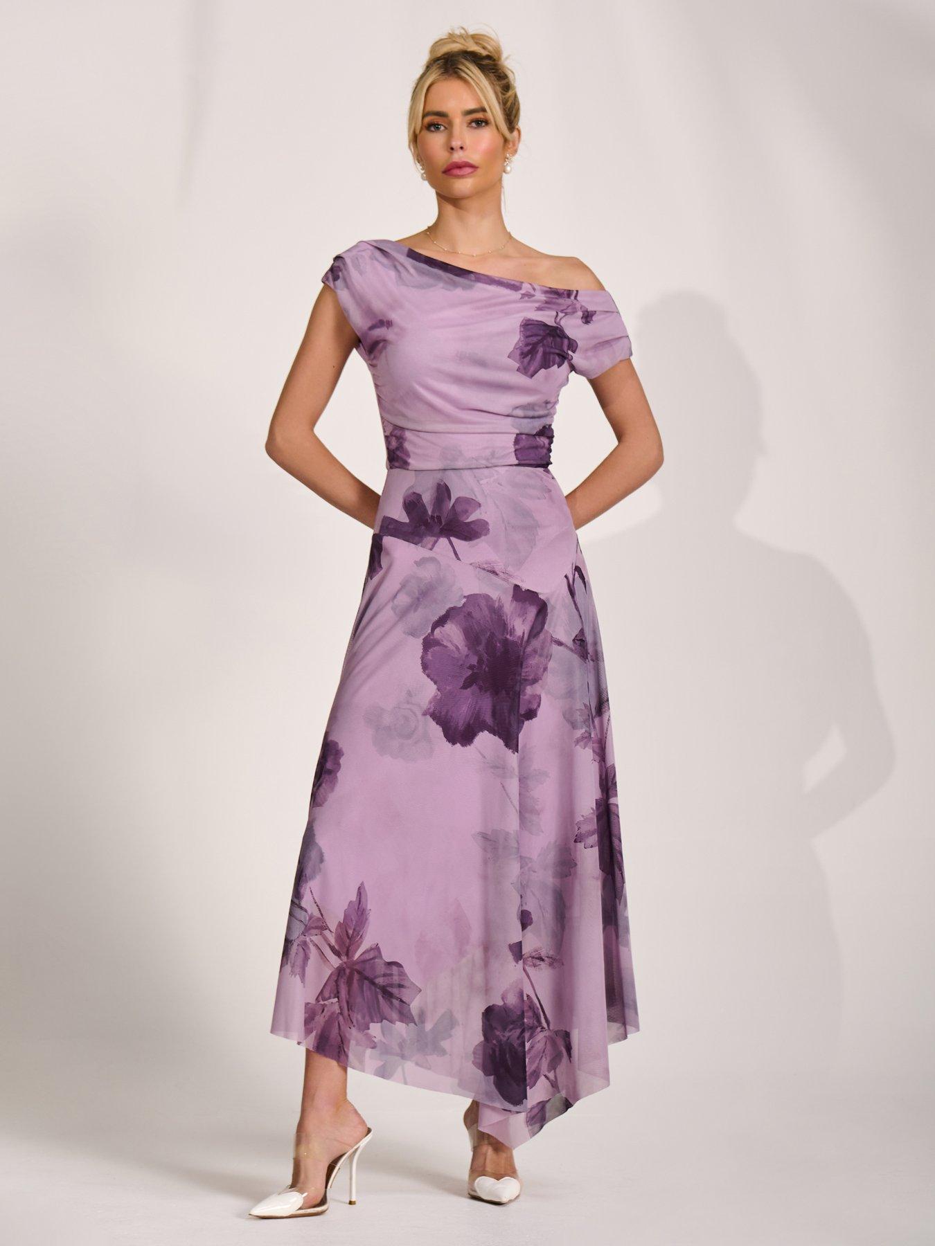 Image 6 of 7 of Jolie Moi Asymmetrical Draped Mesh Maxi Dress - Purple