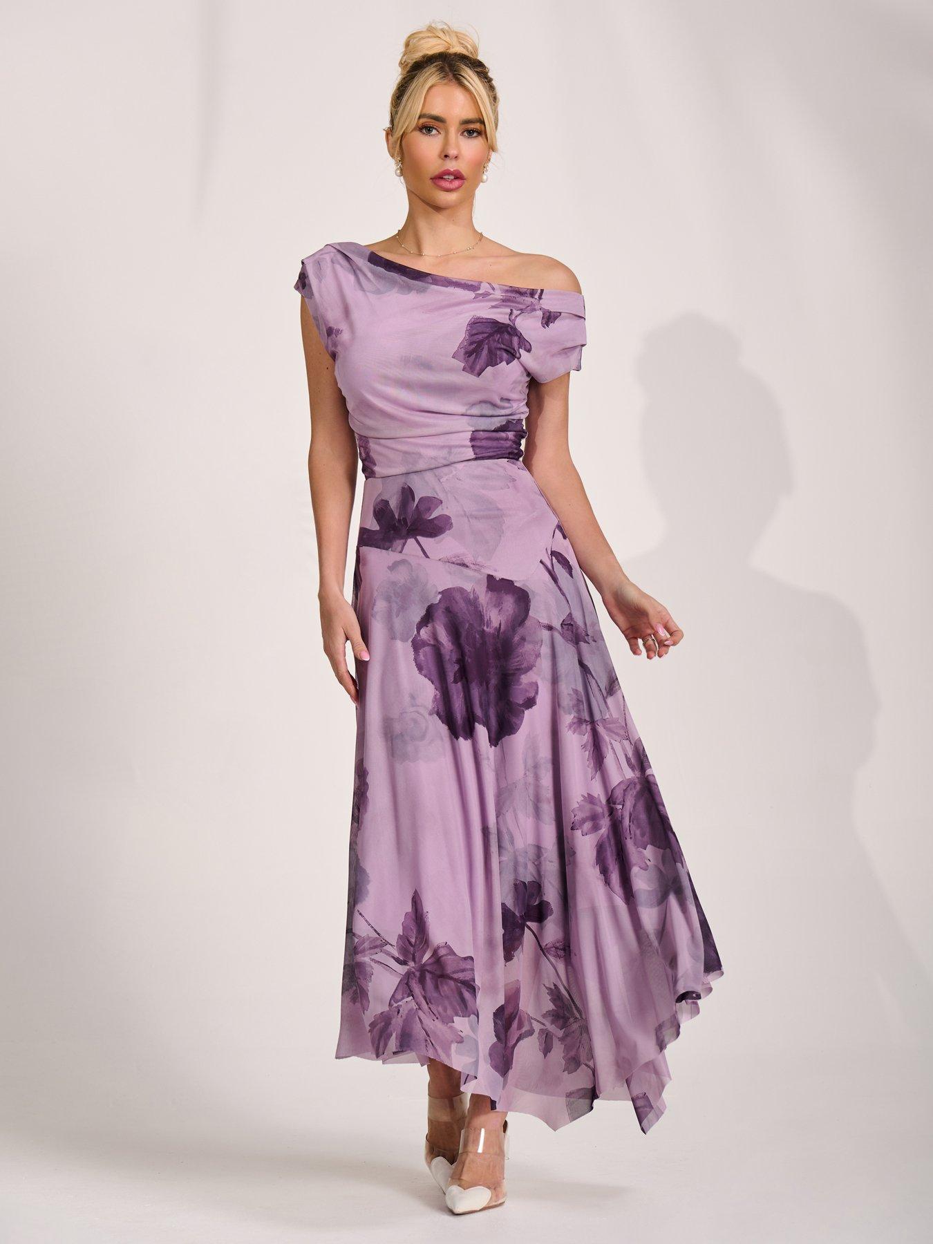 Image 7 of 7 of Jolie Moi Asymmetrical Draped Mesh Maxi Dress - Purple