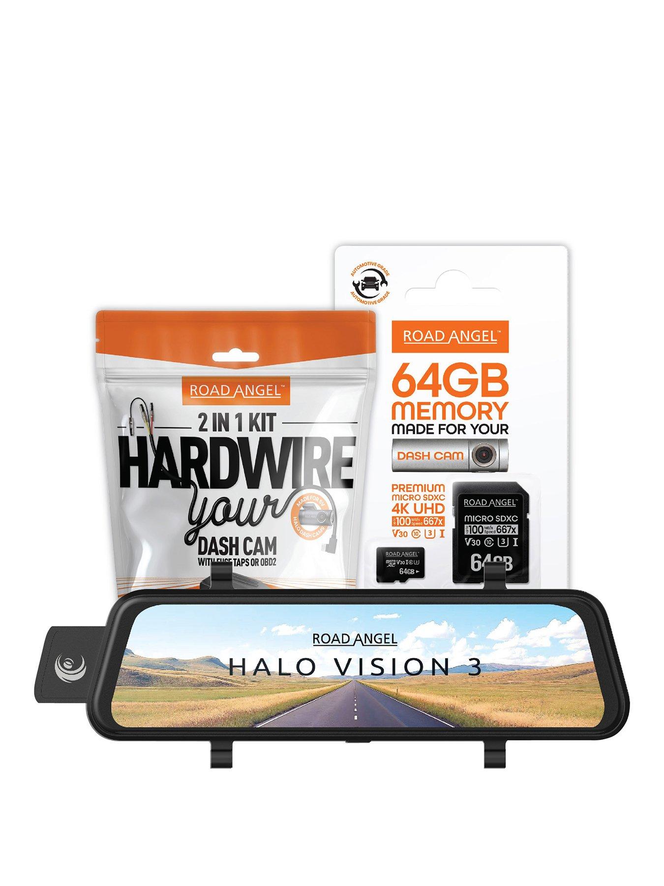 Road Angel Halo Vision 3 Rear View Mirror 1080p Dual Dashcam inc 64GB MicroSD Card  &  Hardwiring Kit