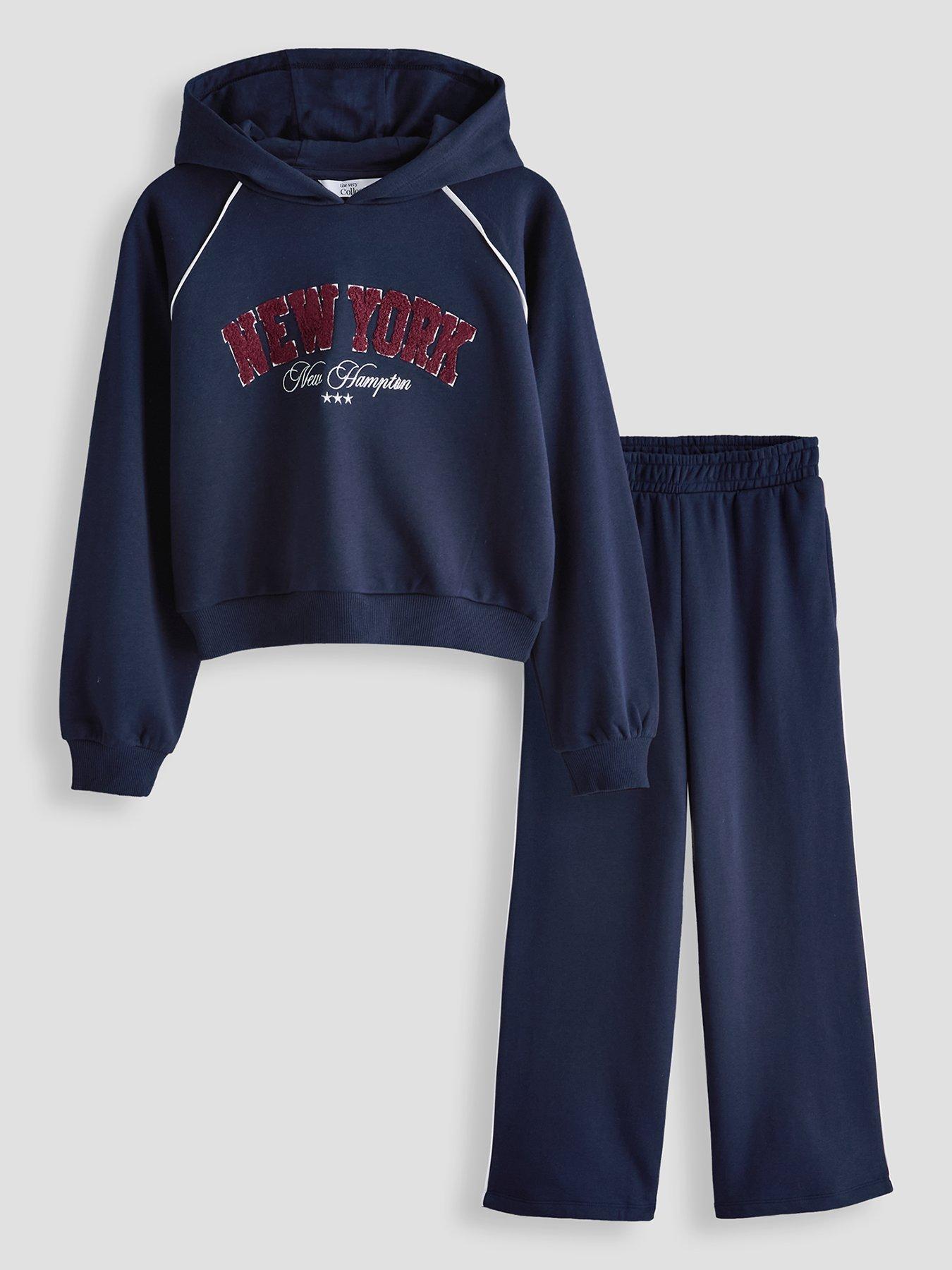 The Very Collection Girls Sweat With Borg Slogan Detail And Flare Leggings Outfit - Blue