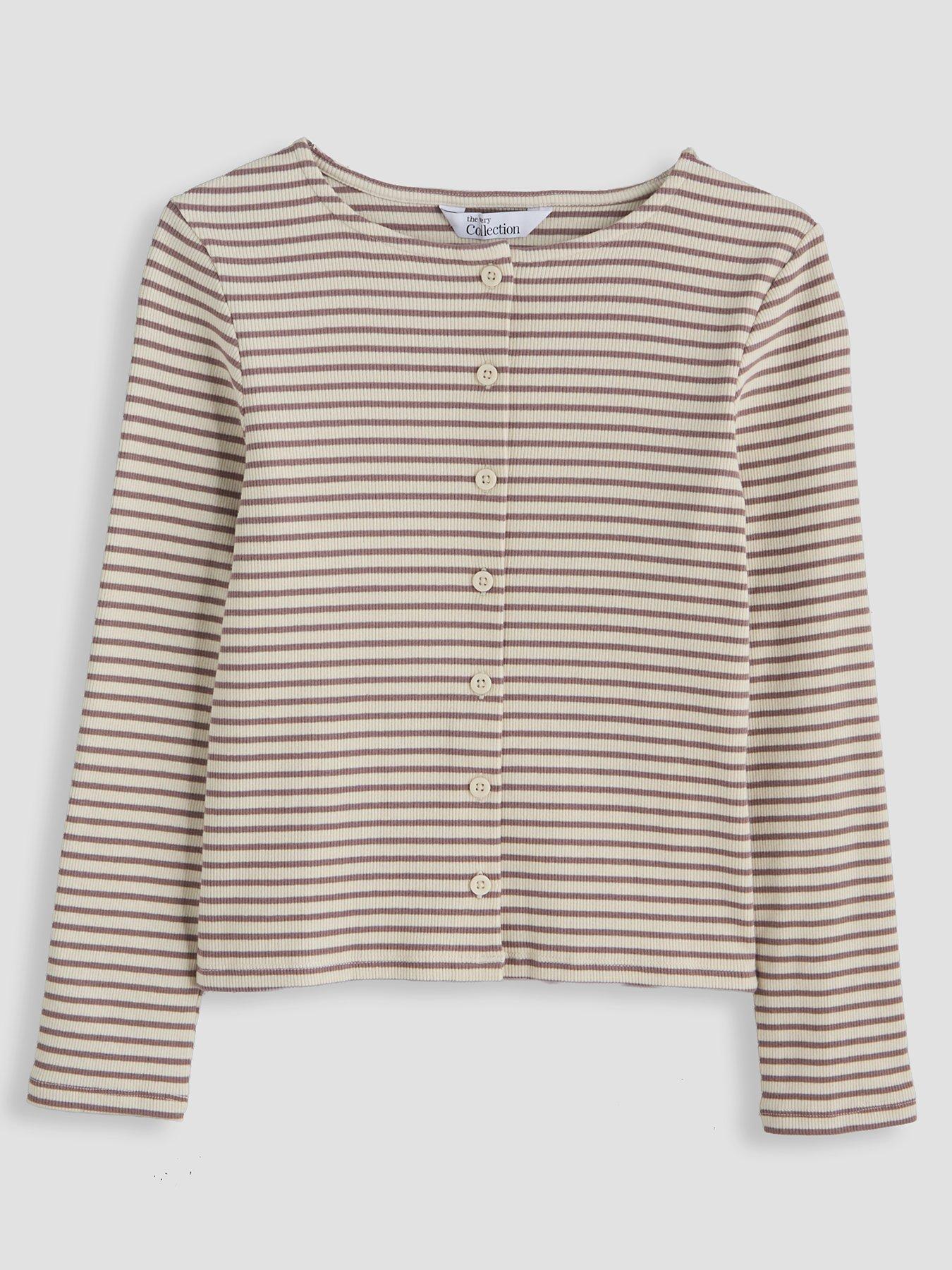 Image 1 of 4 of The Very Collection Girls Button-Through Ribbed Striped Top (5 - 16 years) - Brown