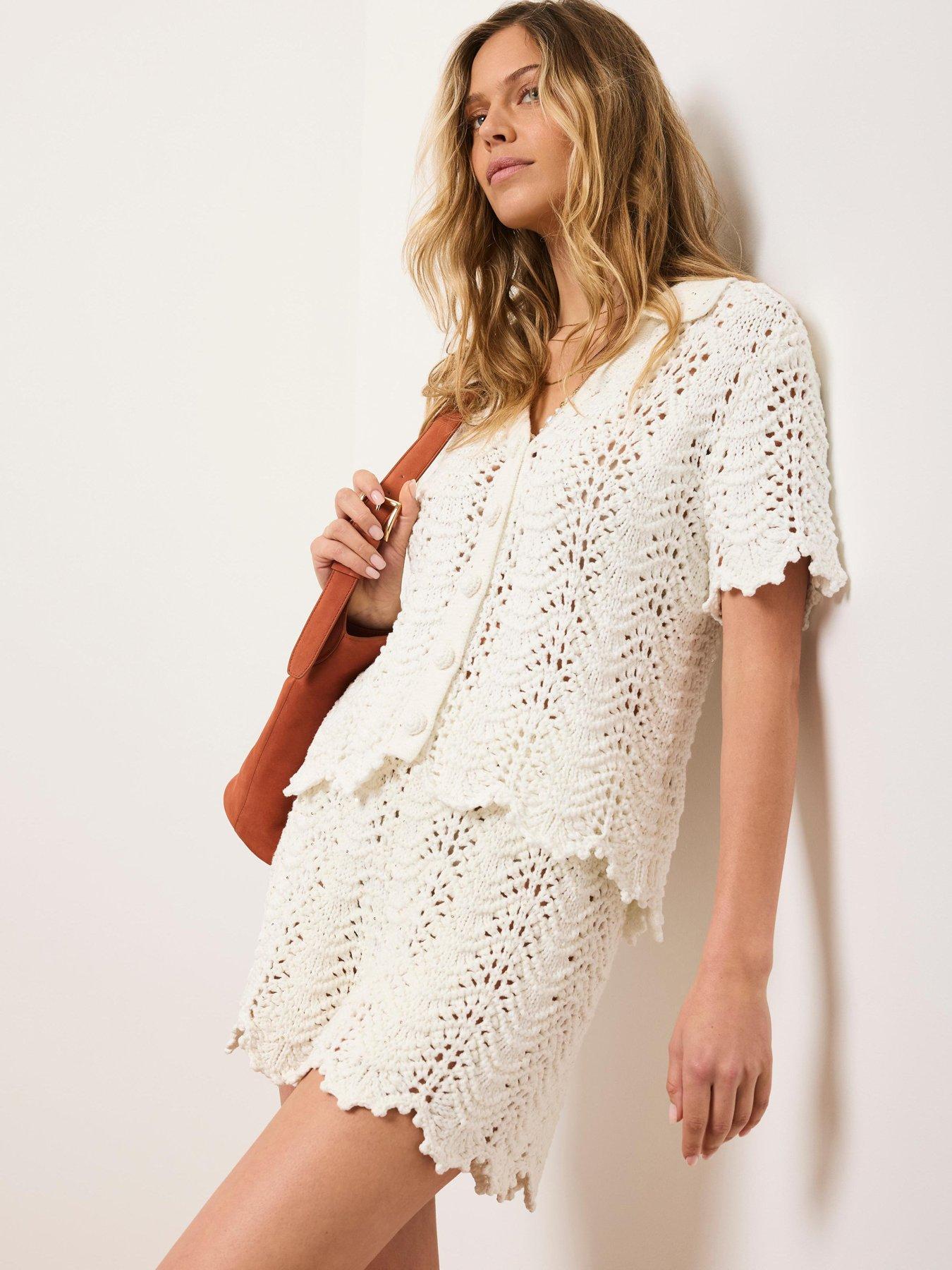 front image of mint-velvet-ivory-sparkle-crochet-short