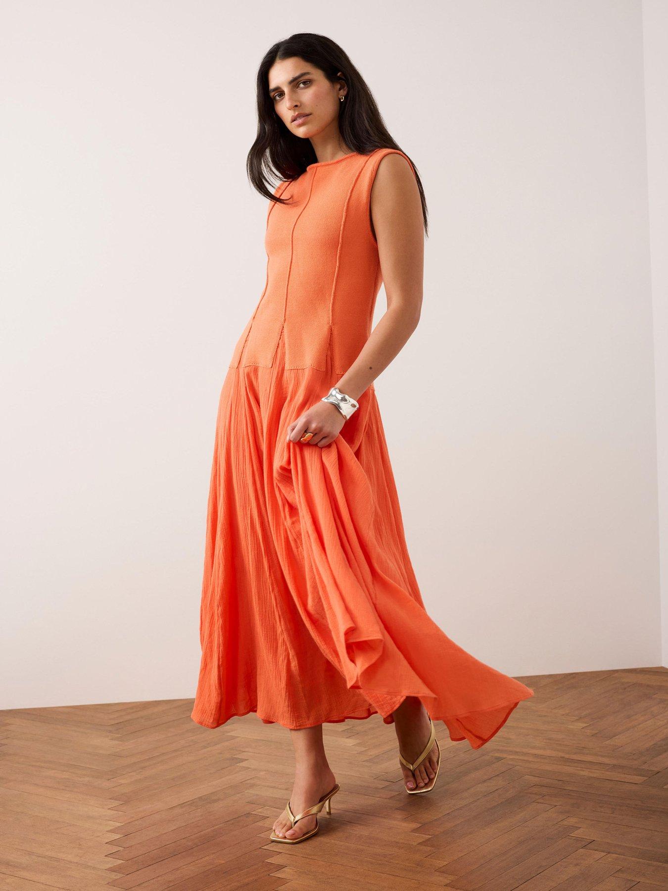 mint-velvet-woven-mix-knit-dress-orange