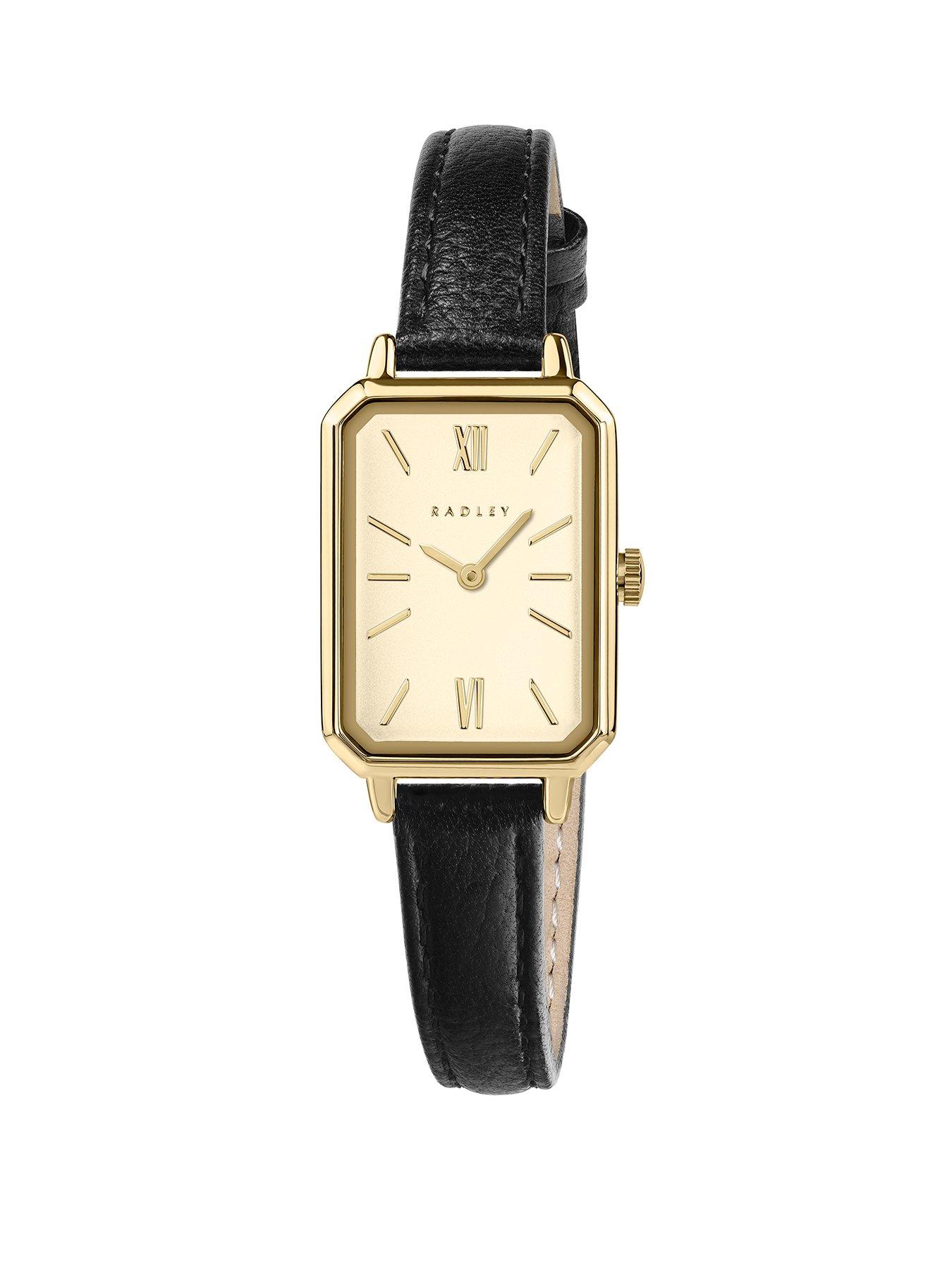 Radley Pale Gold Plated Rectangular Case Black Leather Strap Watch