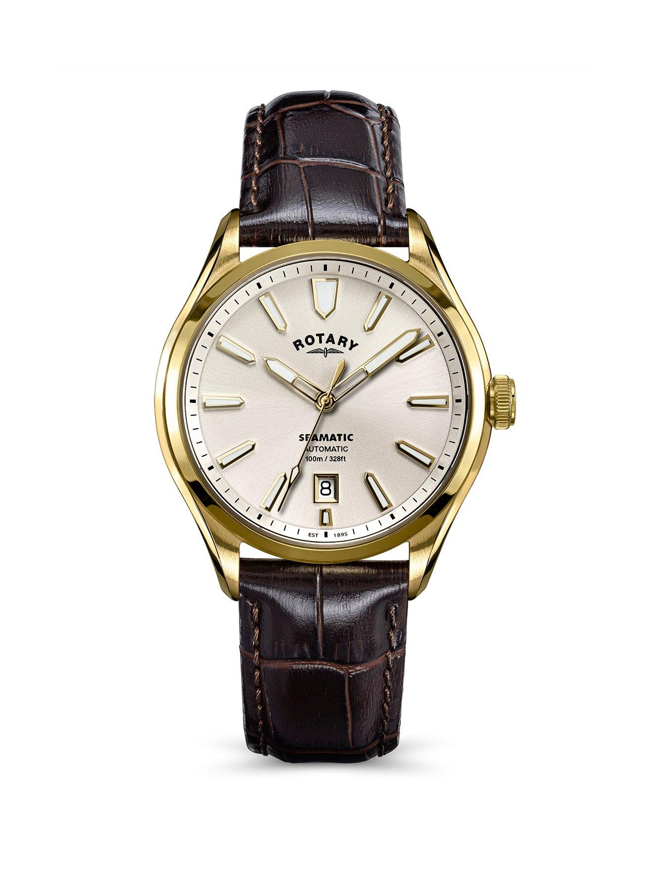  image of rotary-mens-seamatic-gp-brown-strap-silver-white-dial-100m