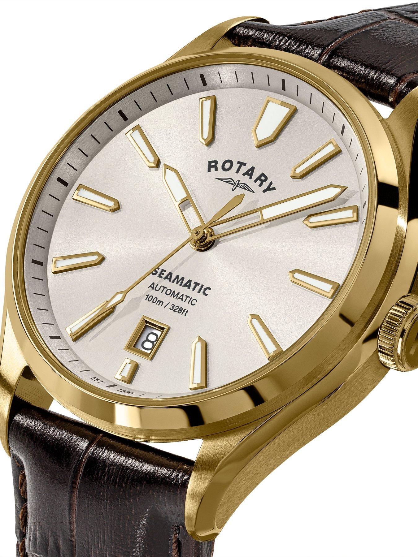  image of rotary-mens-seamatic-gp-brown-strap-silver-white-dial-100m