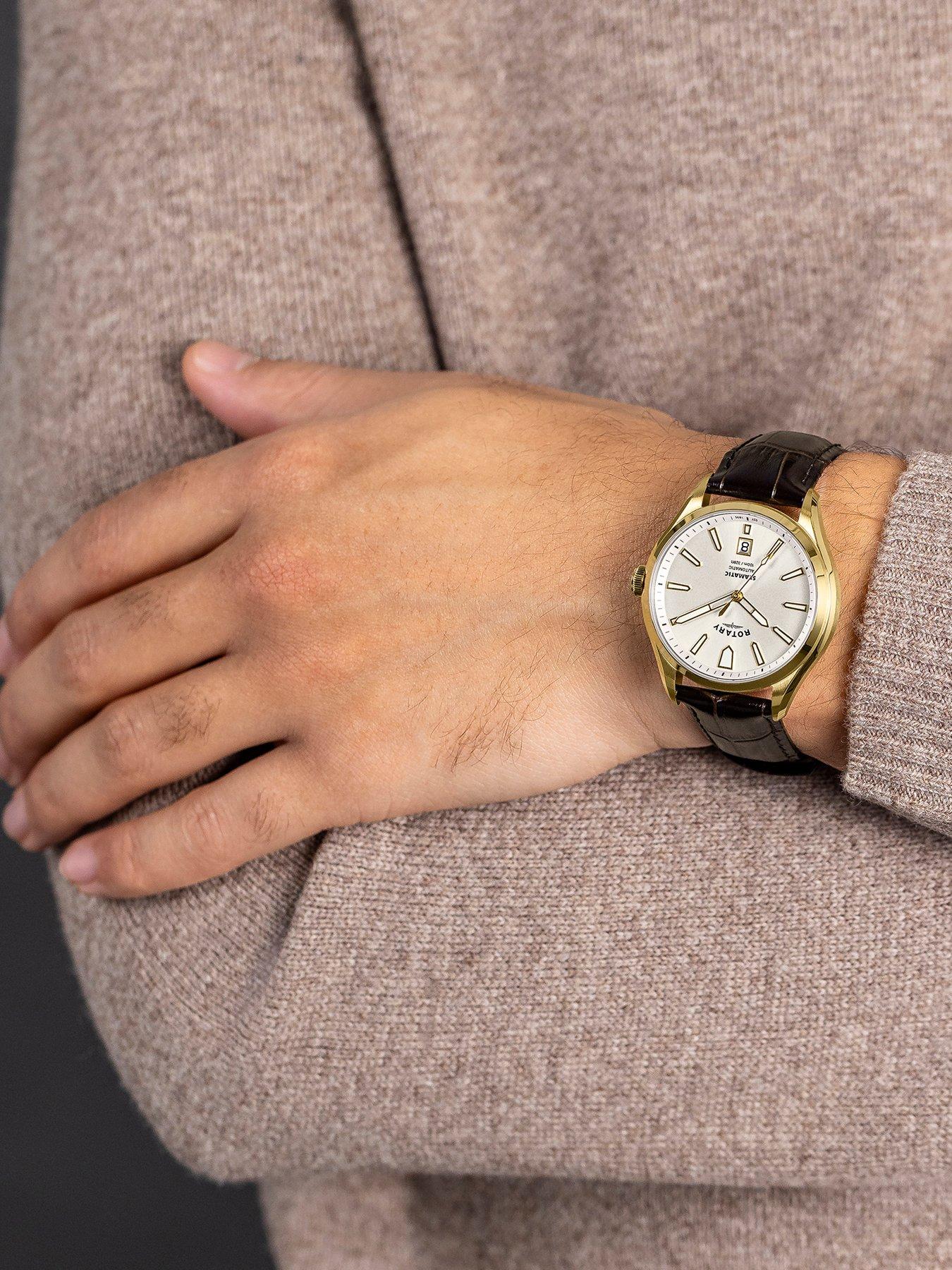  image of rotary-mens-seamatic-gp-brown-strap-silver-white-dial-100m