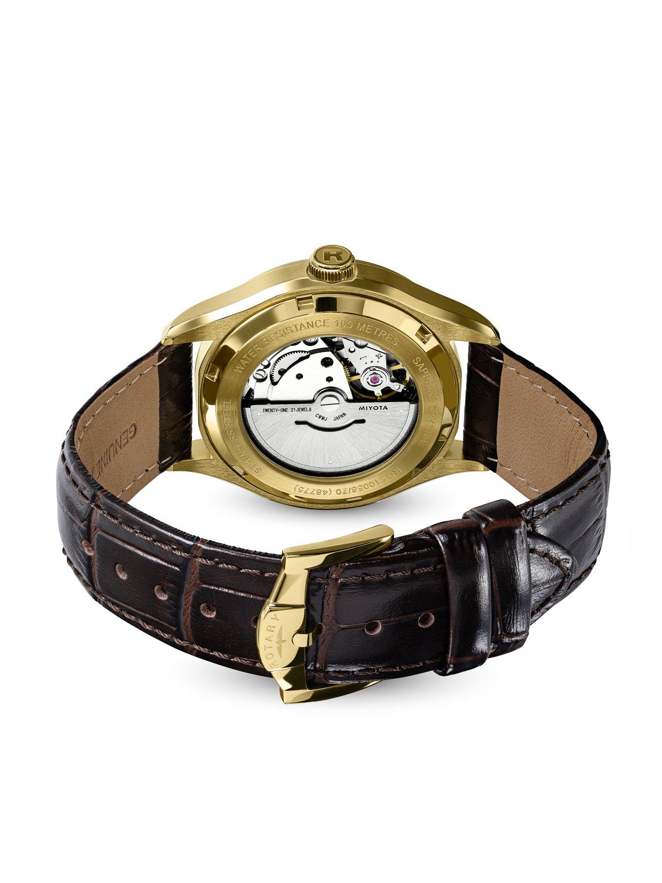  image of rotary-mens-seamatic-gp-brown-strap-silver-white-dial-100m