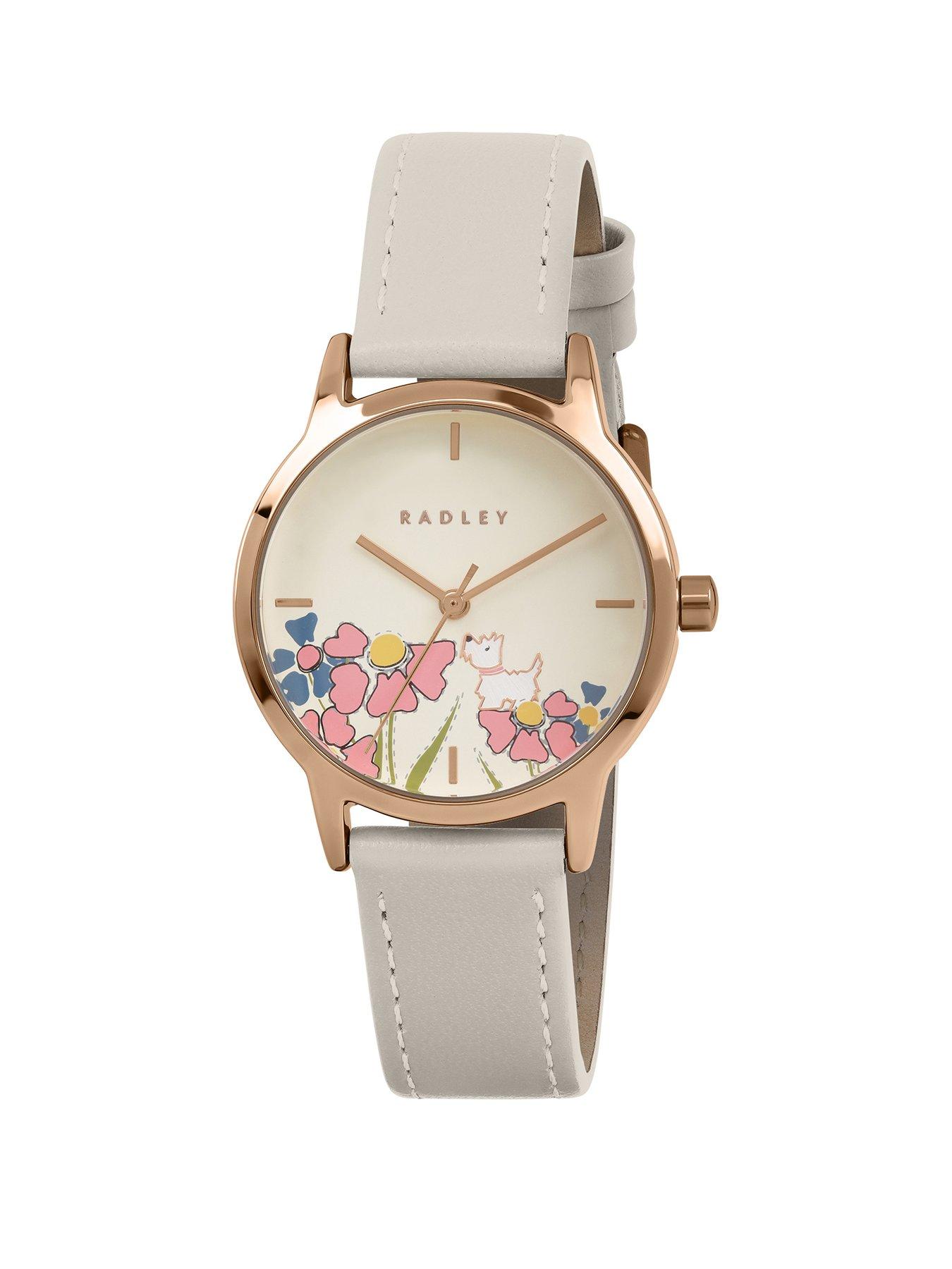 Radley Rose Gold Plated Floral Dog Dial Salt Leather Strap Watch