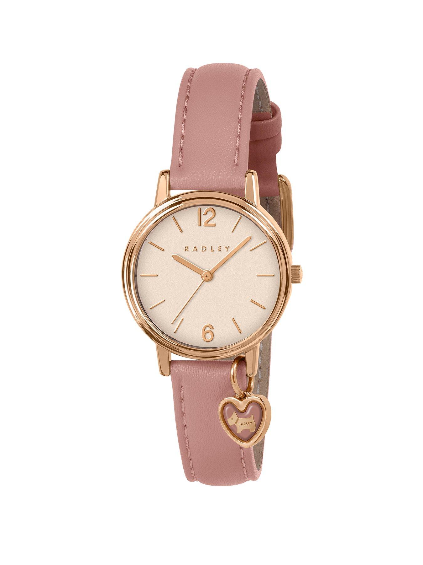 Radley Rose Gold Plated Heart Charm Carnation Pink Leather Strap Watch