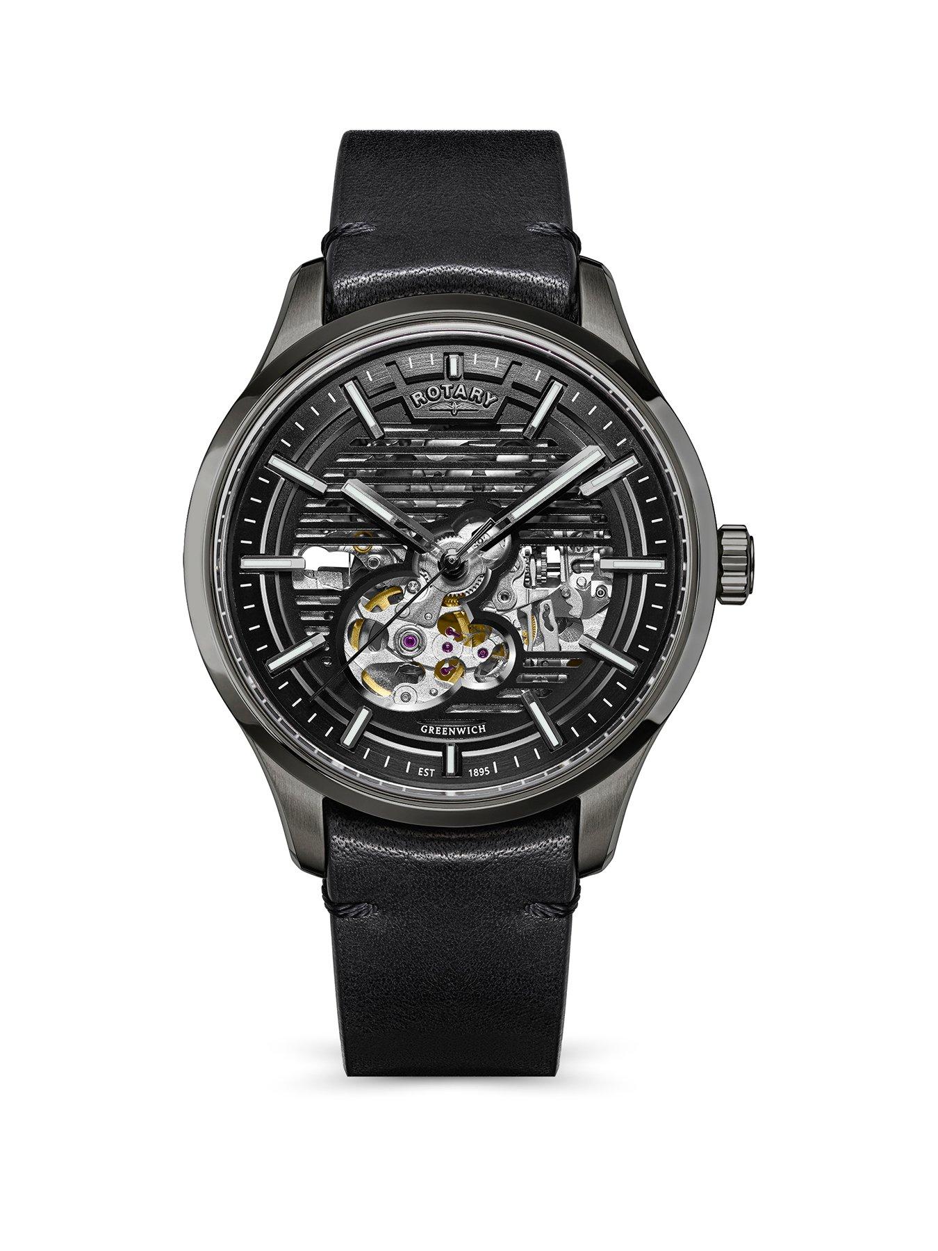 Rotary Rotary Men's  Greenwich Skeleton Automatic Gun Black Strap Black Dial 100m