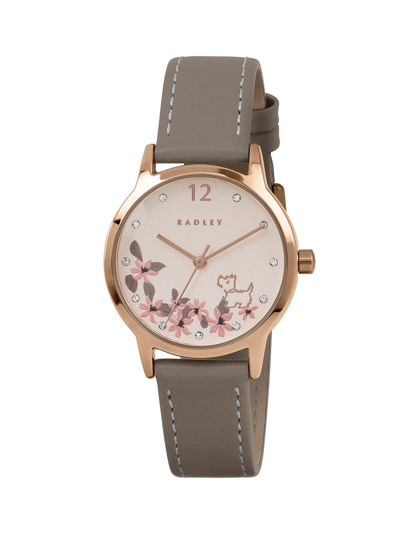 Radley Rose Gold Plated Floral Dog Dial Coffee Leather Strap Watch