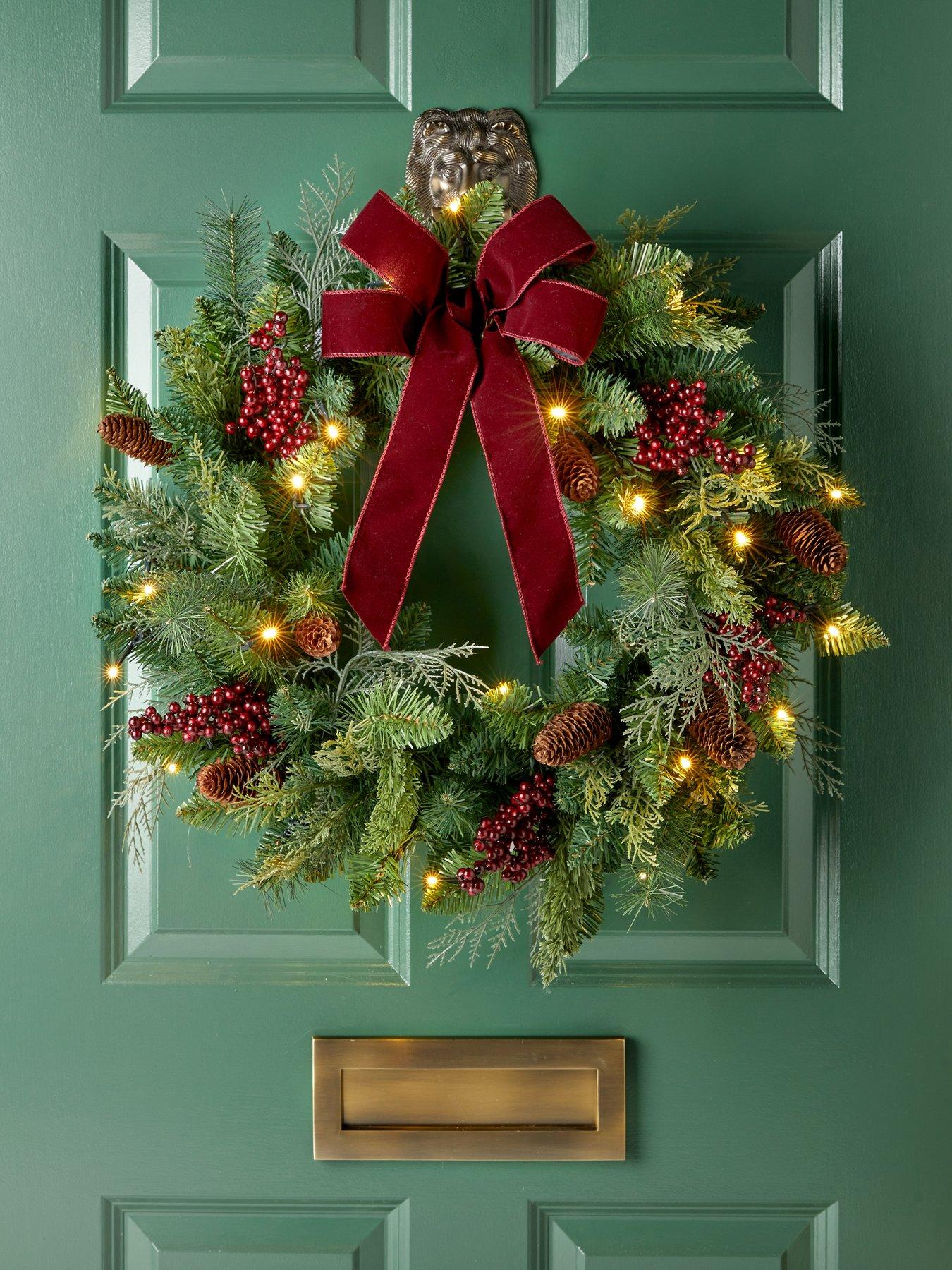 The Very Collection 60cm Prelit Pinecones And Red Berries Wreath