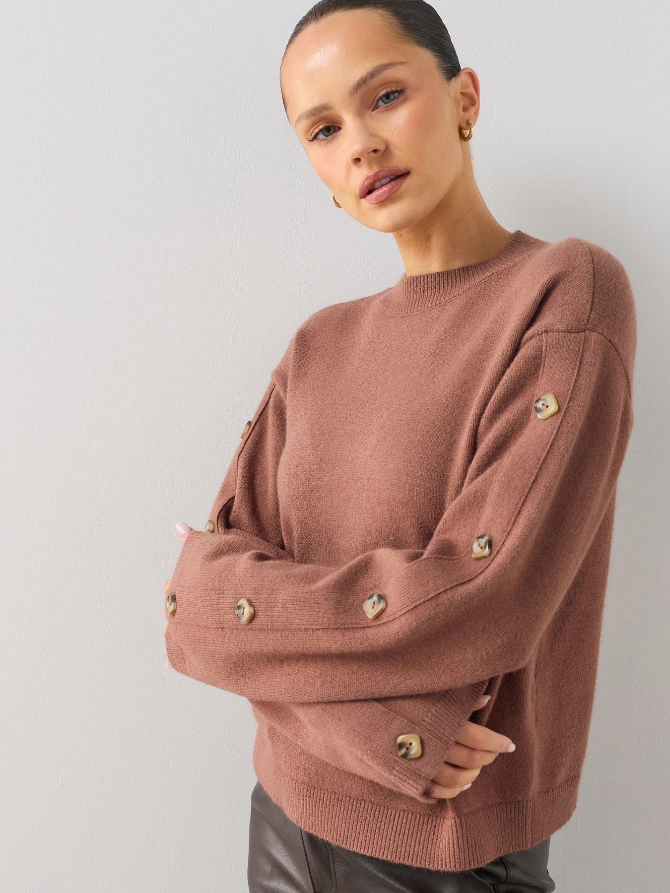 The Very Collection Crew Neck Button Sleeve Jumper - Beige