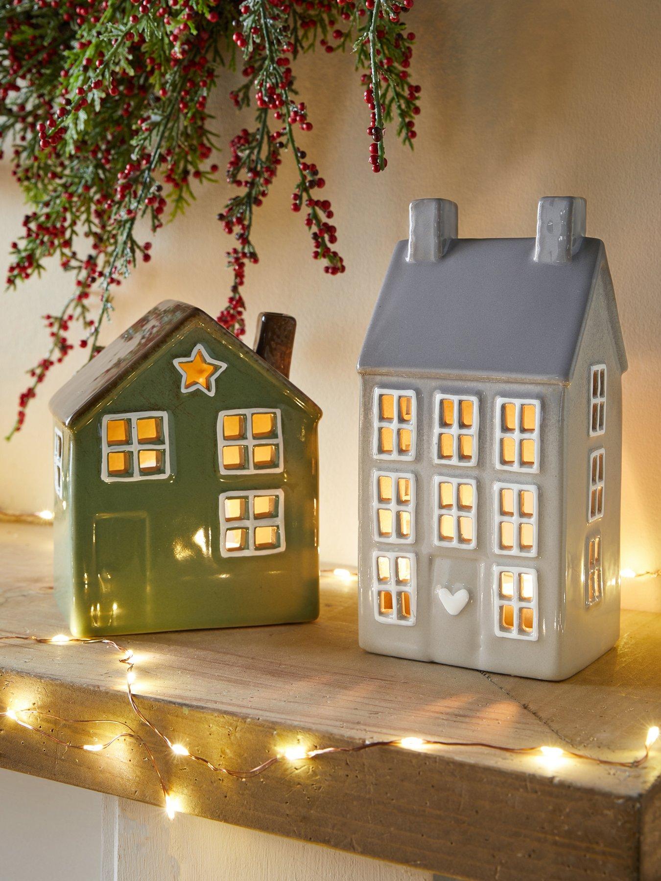 The Very Collection Set of 2 Ceramic House Tealight Holder Christmas Decorations