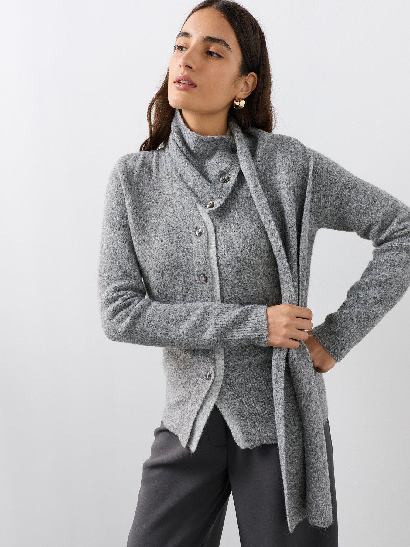 The Very Collection V Neck Contrast Cardigan With Scarf - Grey